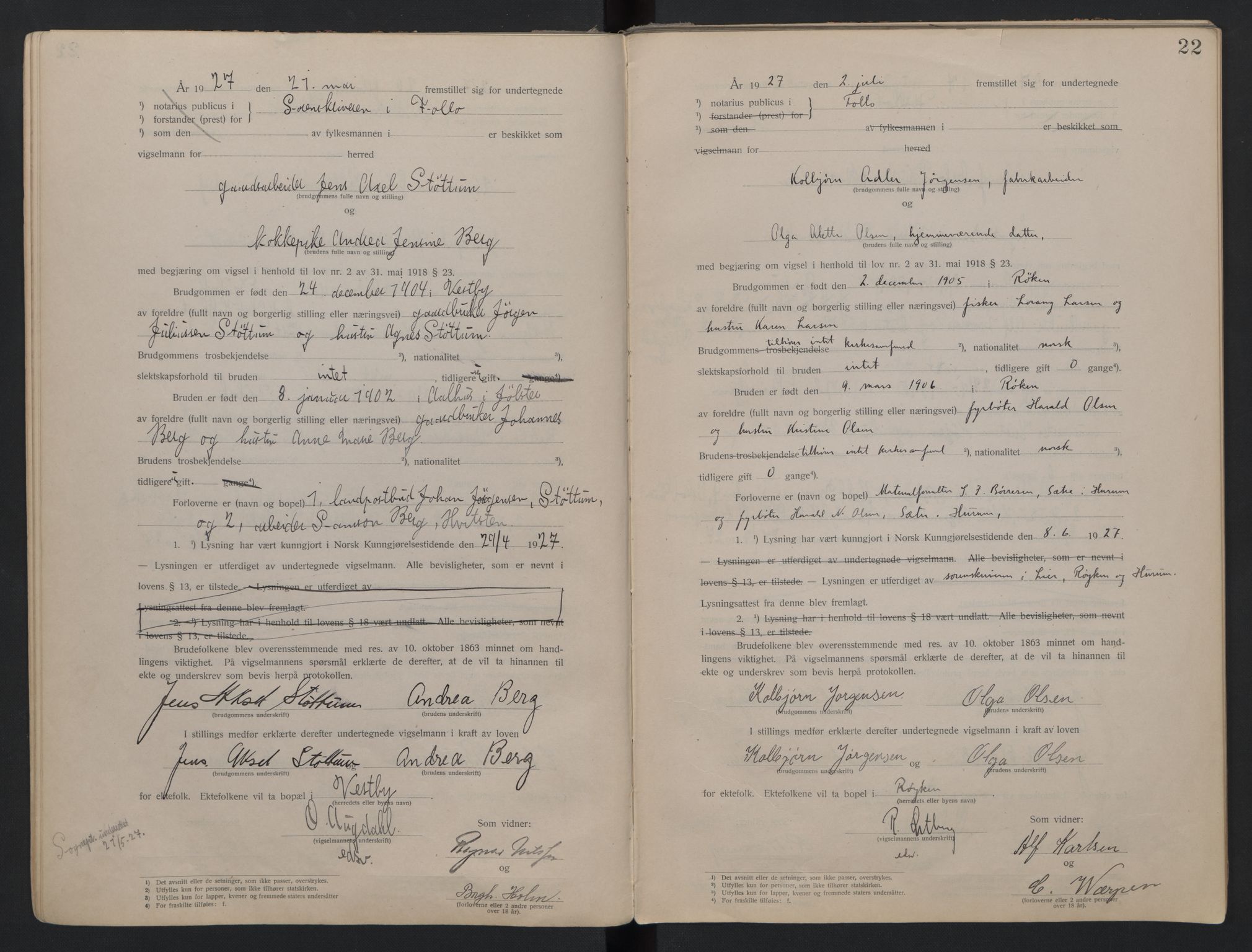 Follo sorenskriveri, AV/SAO-A-10274/L/La/Lab/L0001: Vigselsbok, 1920-1942, s. 22
