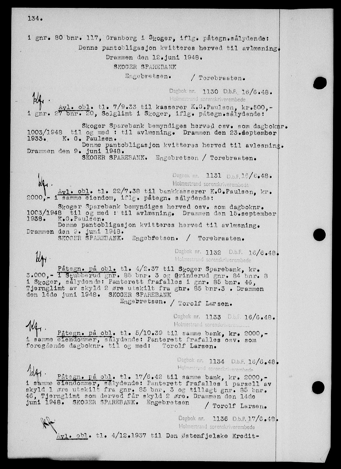 Holmestrand sorenskriveri, SAKO/A-67/G/Ga/Gab/L0058: Pantebok nr. B-58, 1947-1948, s. 134, Dagboknr: 1130/1948