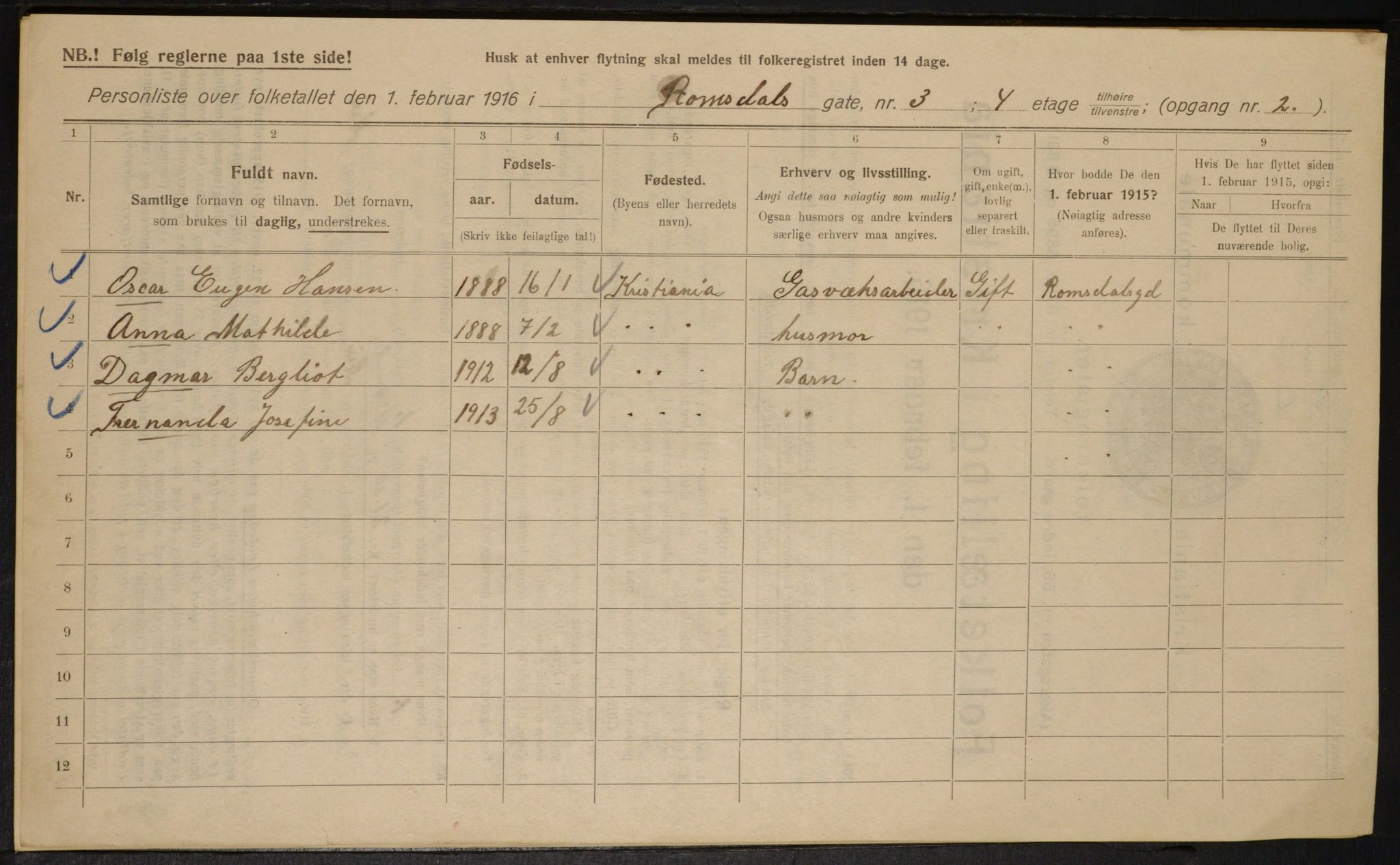 OBA, Kommunal folketelling 1.2.1916 for Kristiania, 1916, s. 85351