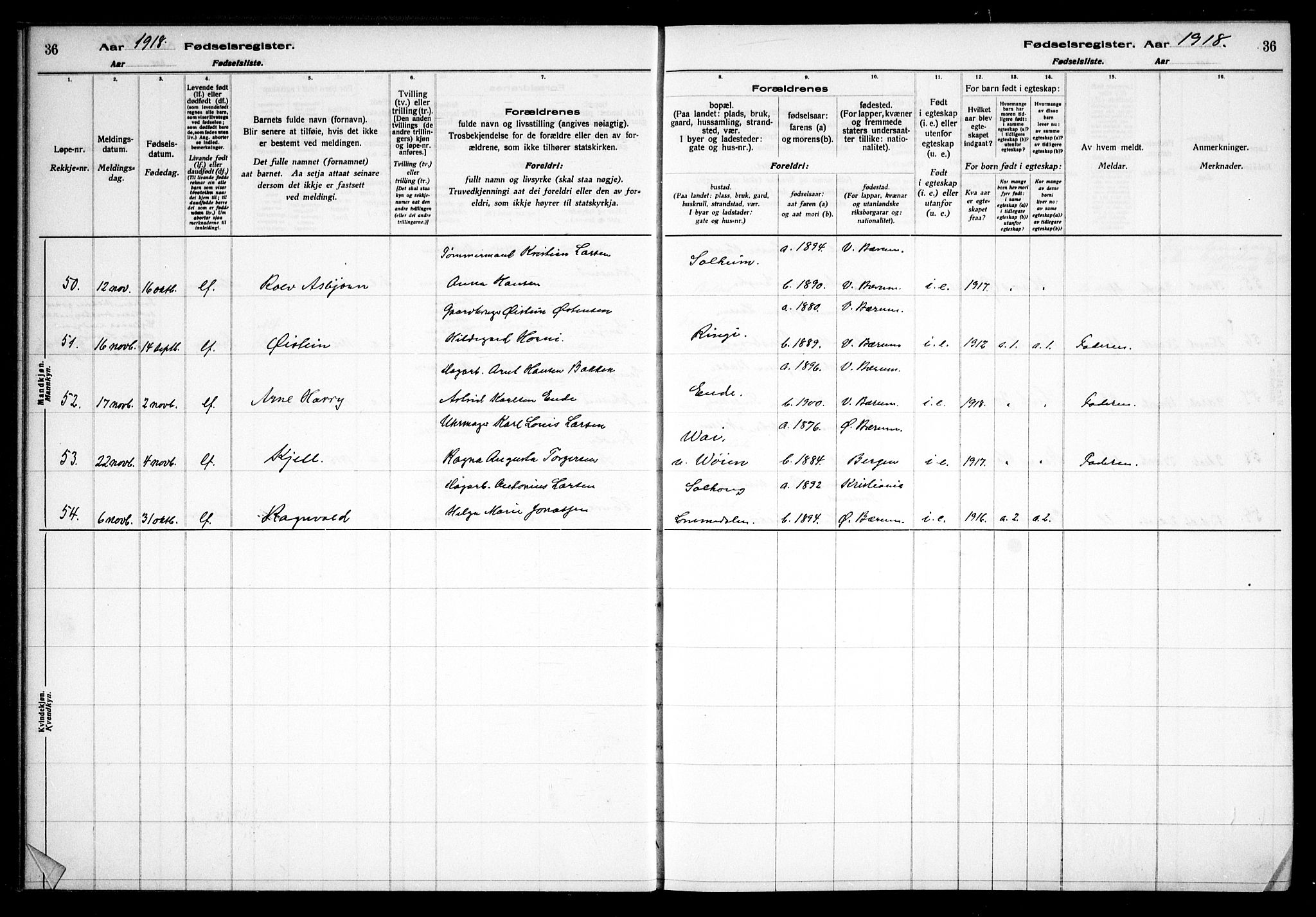 Vestre Bærum prestekontor Kirkebøker, AV/SAO-A-10209a/J/L0001: Fødselsregister nr. 1, 1916-1926, s. 36