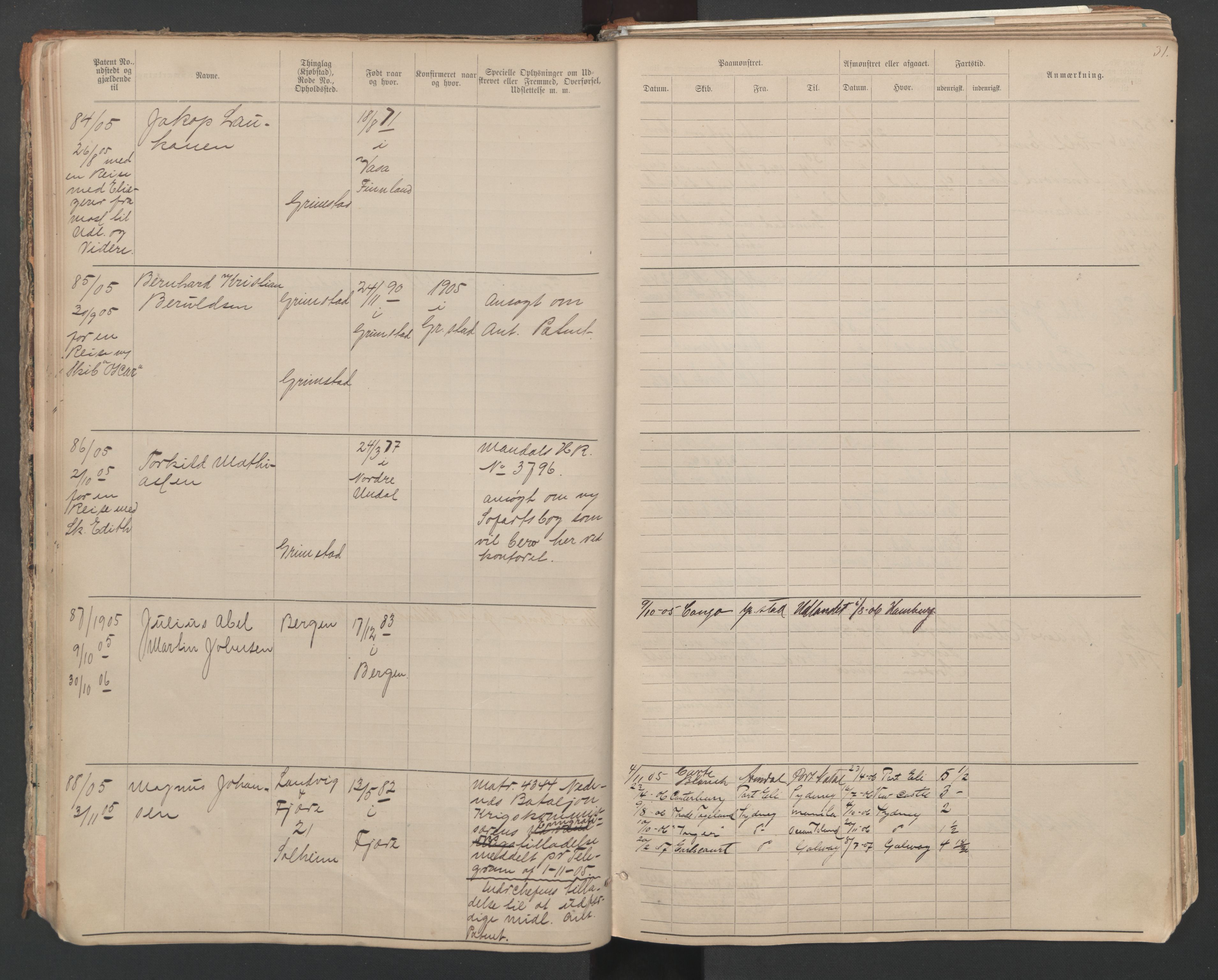 Grimstad mønstringskrets, AV/SAK-2031-0013/F/Fa/L0007: Annotasjonsrulle nr 1-265 og hovedrulle B nr 1-160, V-20, 1894-1949, s. 31