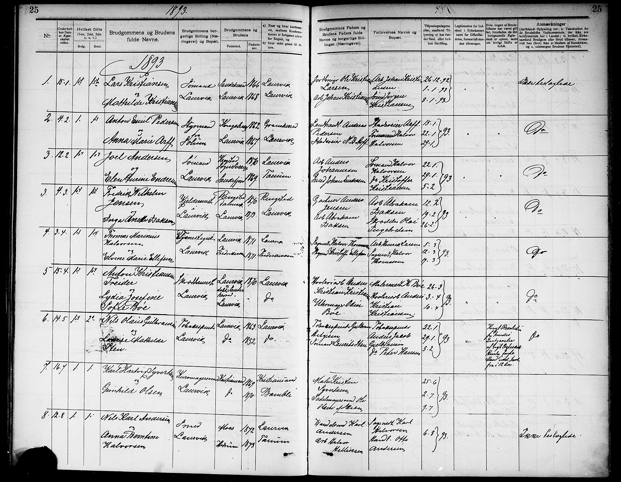 Larvik kirkebøker, AV/SAKO-A-352/G/Ga/L0006: Klokkerbok nr. I 6, 1888-1917, s. 25