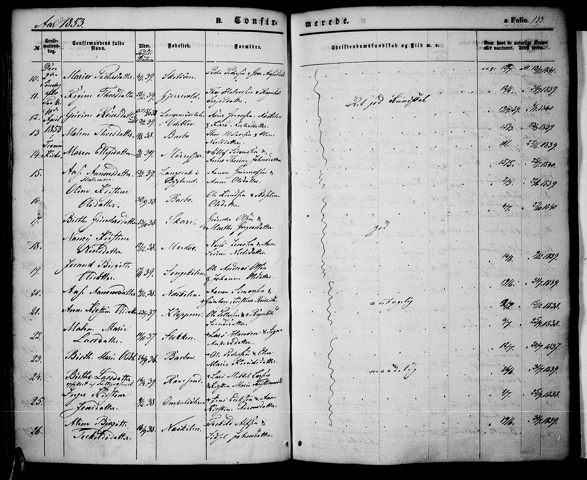 Tromøy sokneprestkontor, AV/SAK-1111-0041/F/Fa/L0005: Ministerialbok nr. A 5, 1847-1856, s. 153