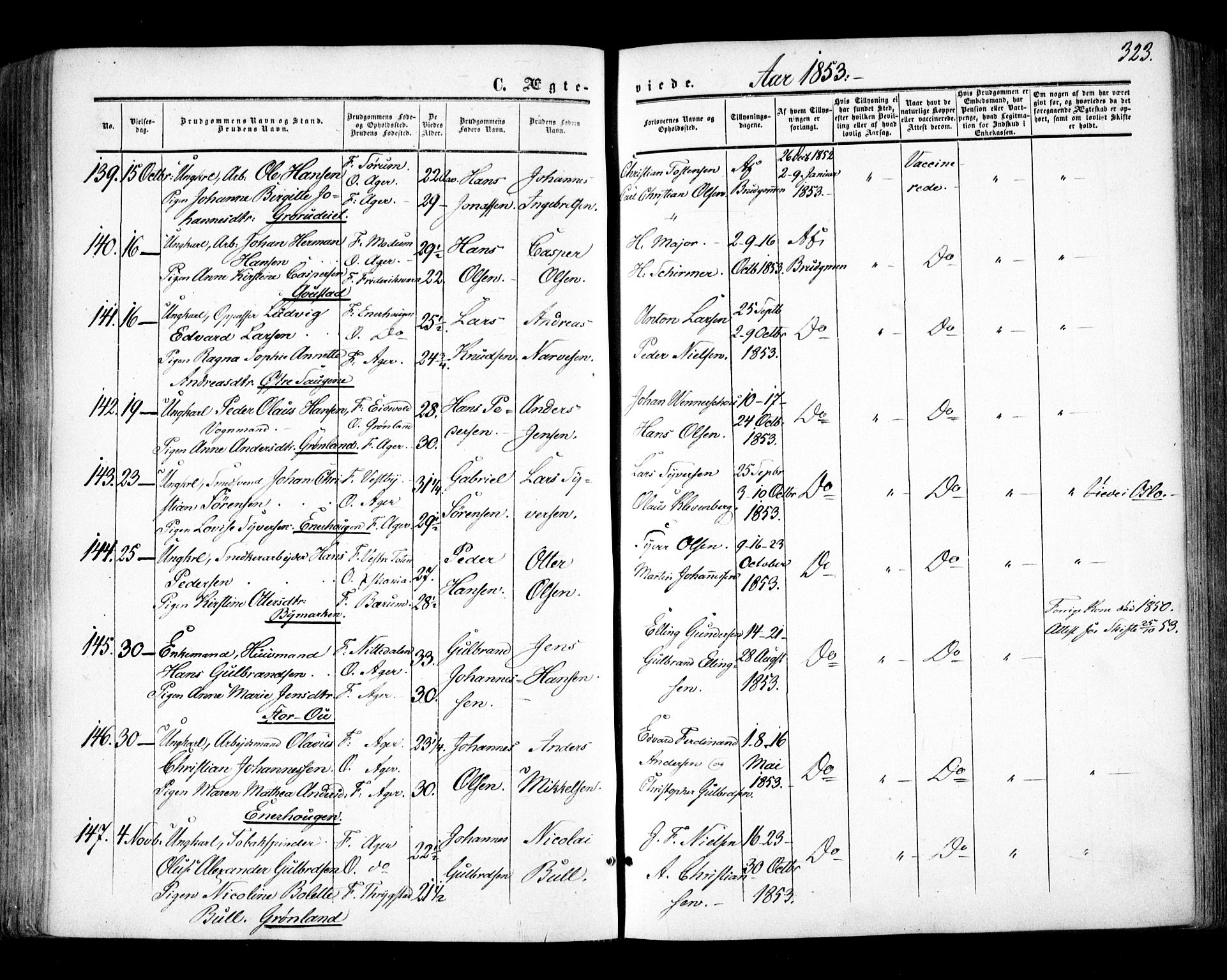 Aker prestekontor kirkebøker, AV/SAO-A-10861/F/L0020: Ministerialbok nr. 20, 1853-1857, s. 323