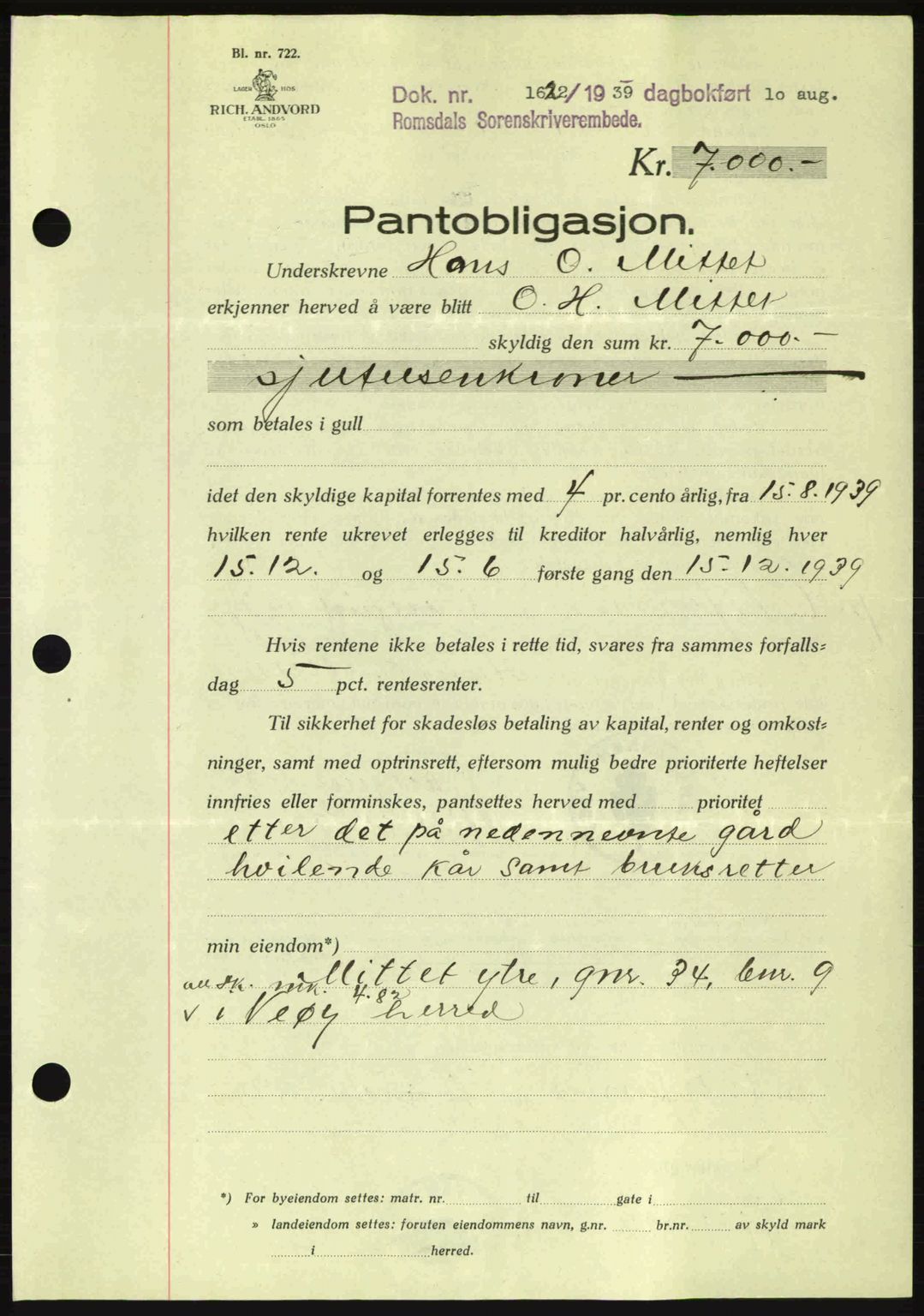 Romsdal sorenskriveri, AV/SAT-A-4149/1/2/2C: Pantebok nr. B2, 1939-1945, Dagboknr: 1622/1939