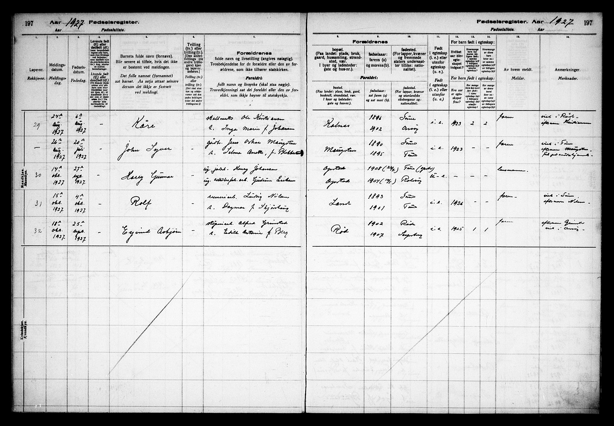 Tune prestekontor Kirkebøker, AV/SAO-A-2007/J/Ja/L0001: Fødselsregister nr. I 1, 1916-1928, s. 197