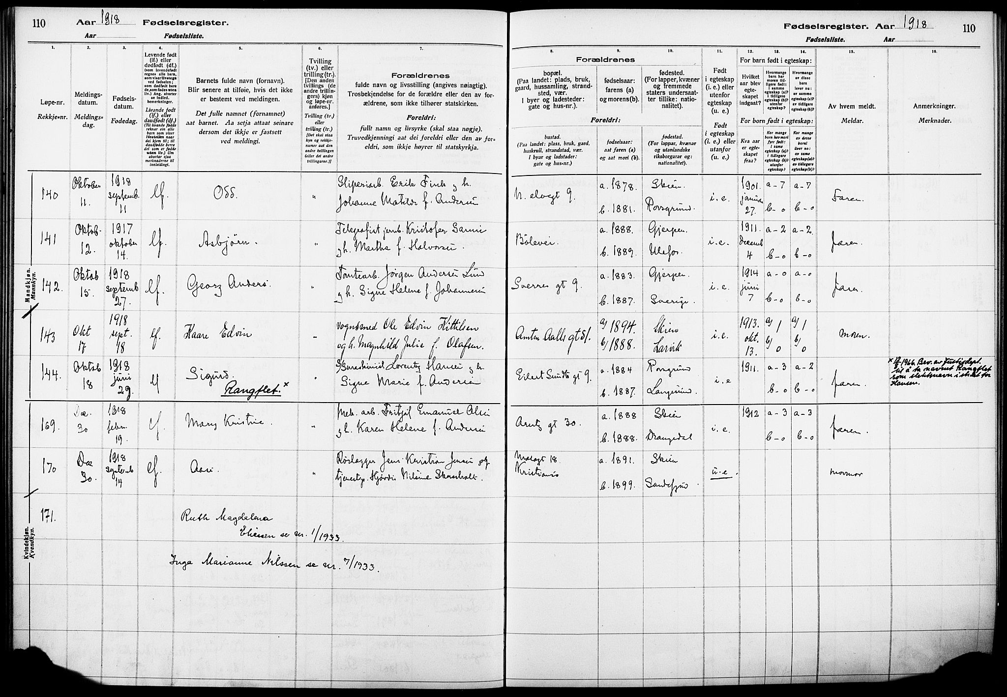 Skien kirkebøker, AV/SAKO-A-302/J/Ja/L0001: Fødselsregister nr. 1, 1916-1920, s. 110