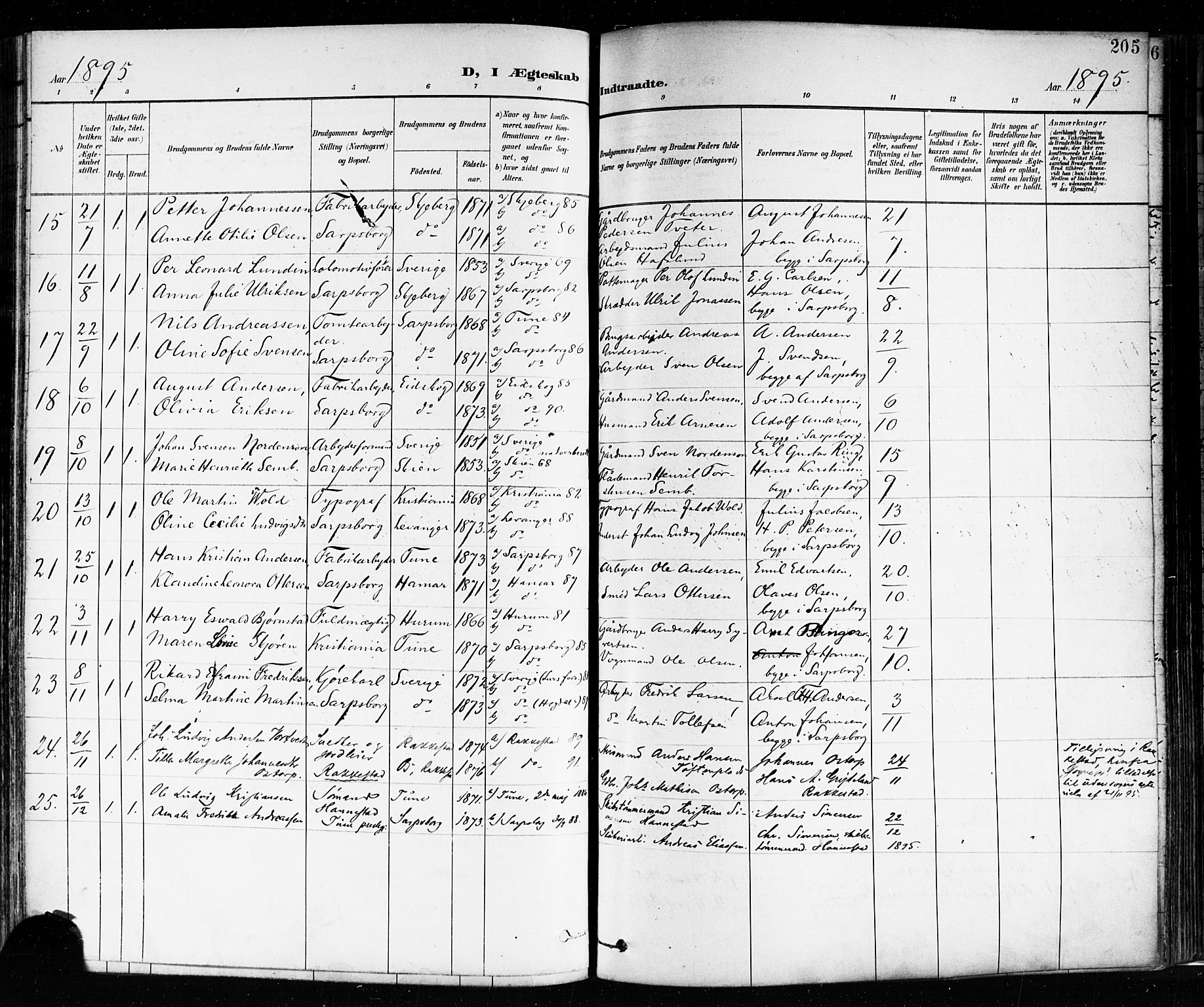 Sarpsborg prestekontor Kirkebøker, AV/SAO-A-2006/F/Fa/L0004: Ministerialbok nr. 4, 1892-1899, s. 205