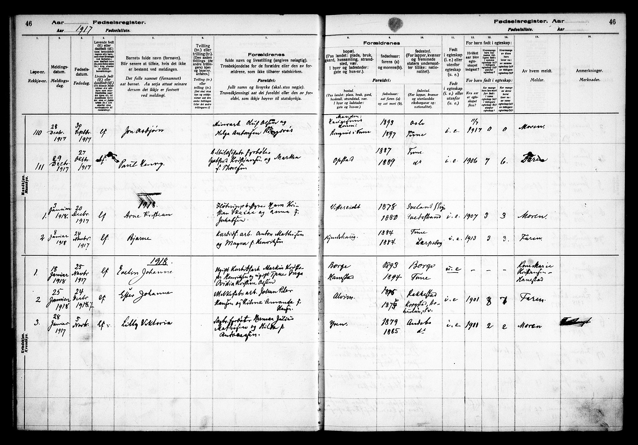 Tune prestekontor Kirkebøker, SAO/A-2007/J/Ja/L0001: Fødselsregister nr. I 1, 1916-1928, s. 46