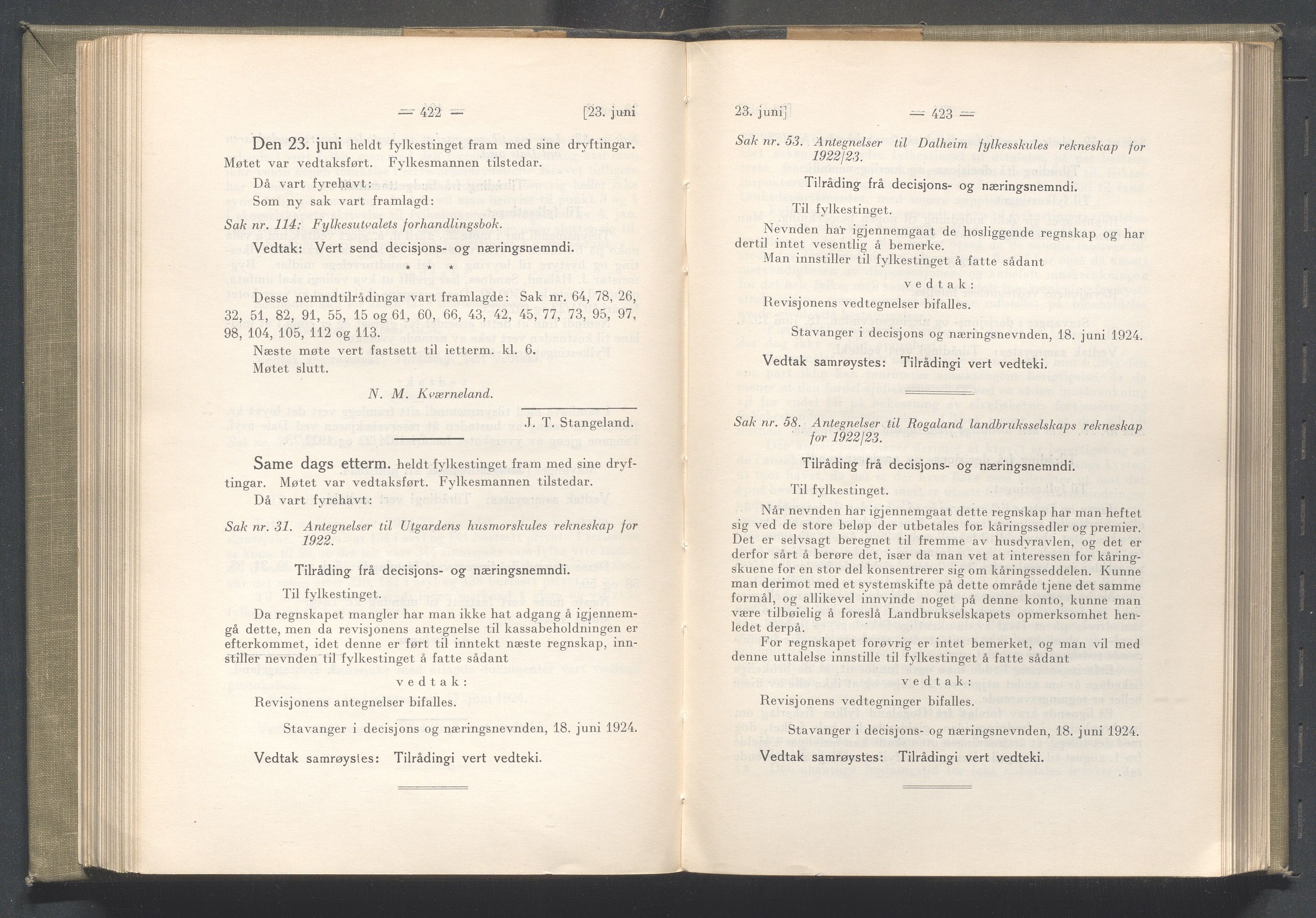 Rogaland fylkeskommune - Fylkesrådmannen , IKAR/A-900/A/Aa/Aaa/L0043: Møtebok , 1924, s. 422-423