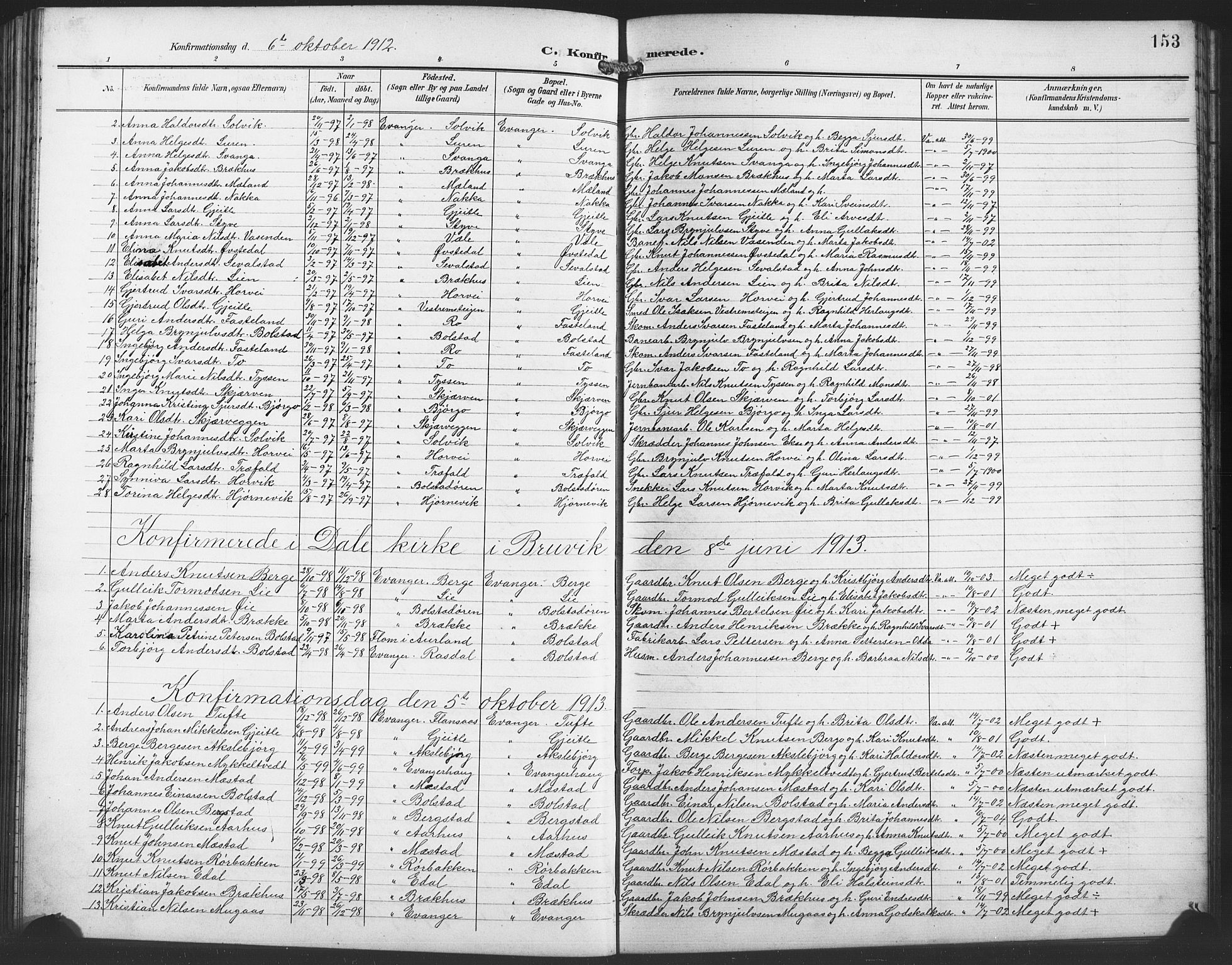 Evanger sokneprestembete, AV/SAB-A-99924: Klokkerbok nr. A 5, 1897-1917, s. 153