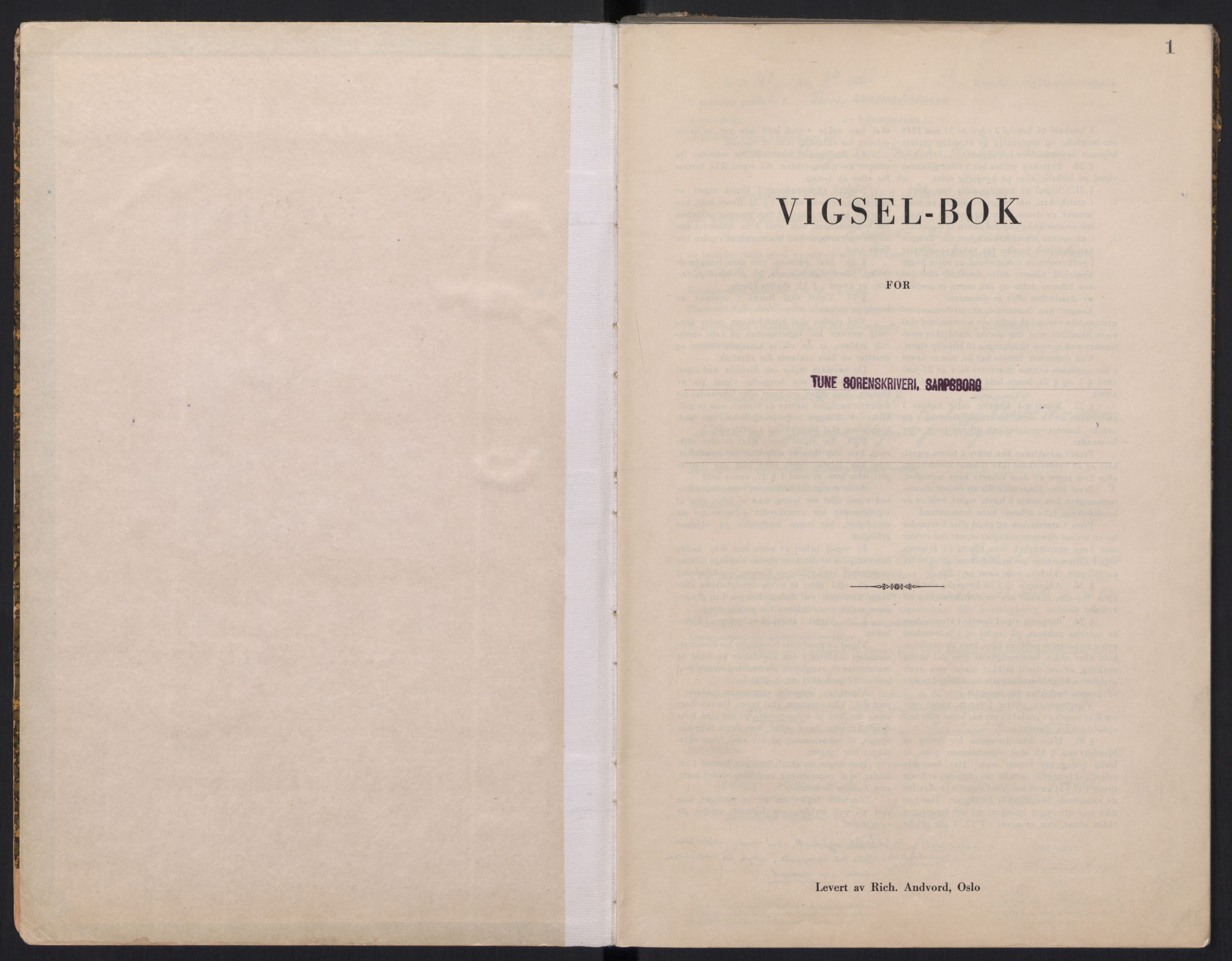 Tune sorenskriveri, SAO/A-10470/L/Lb/L0002: Vigselprotokoll, 1943-1944, s. 1
