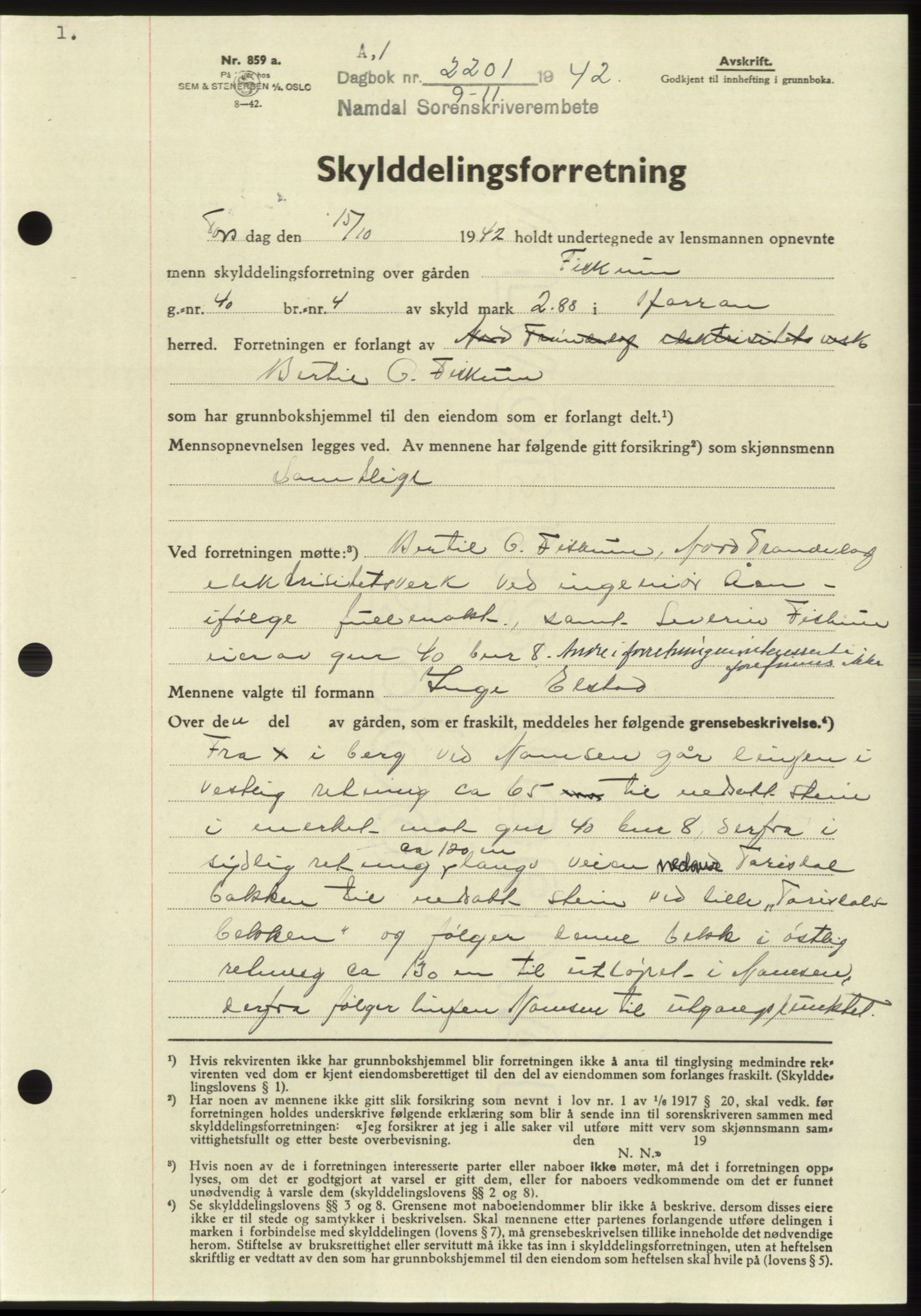 Namdal sorenskriveri, SAT/A-4133/1/2/2C: Pantebok nr. -, 1942-1943, Dagboknr: 2201/1942