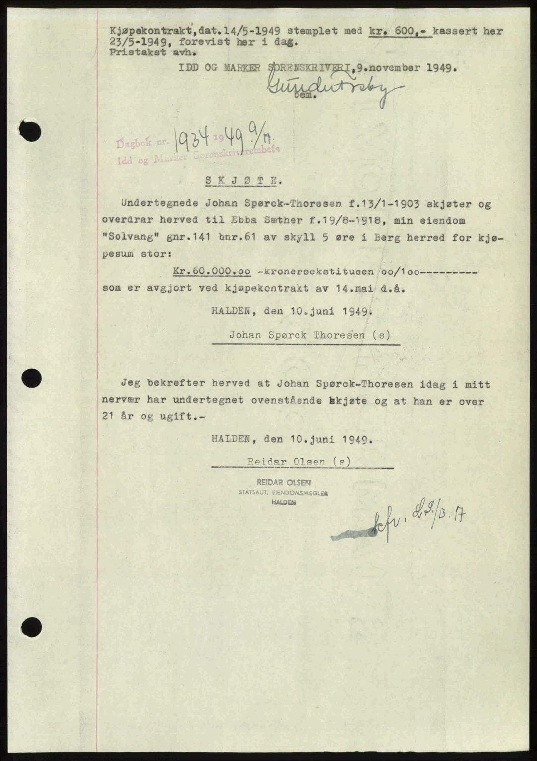 Idd og Marker sorenskriveri, SAO/A-10283/G/Gb/Gbb/L0013: Pantebok nr. A13, 1949-1950, Dagboknr: 1934/1949