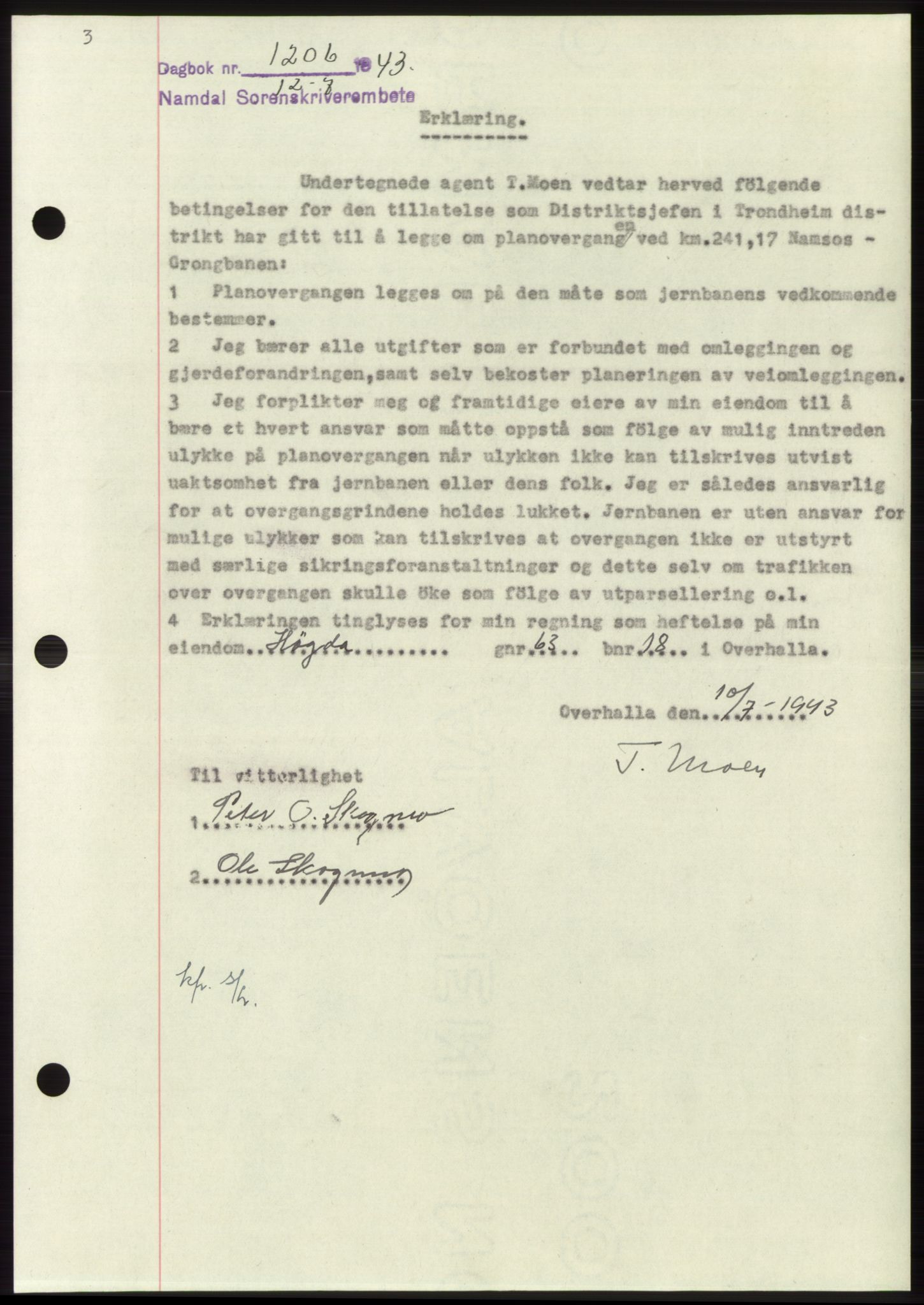 Namdal sorenskriveri, AV/SAT-A-4133/1/2/2C: Pantebok nr. -, 1943-1944, Dagboknr: 1206/1943