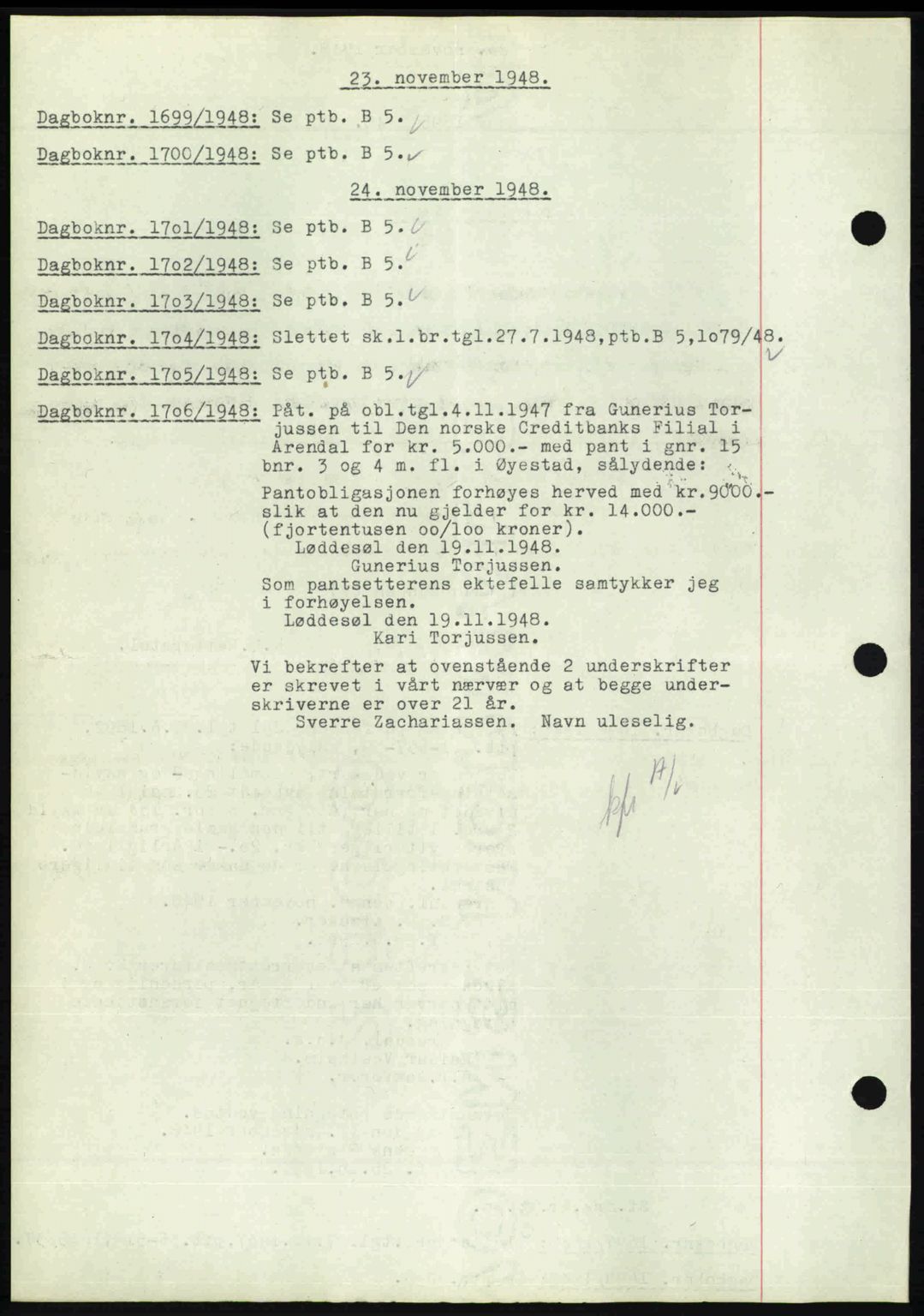 Nedenes sorenskriveri, SAK/1221-0006/G/Gb/Gba/L0060: Pantebok nr. A12, 1948-1949, Dagboknr: 1699/1948