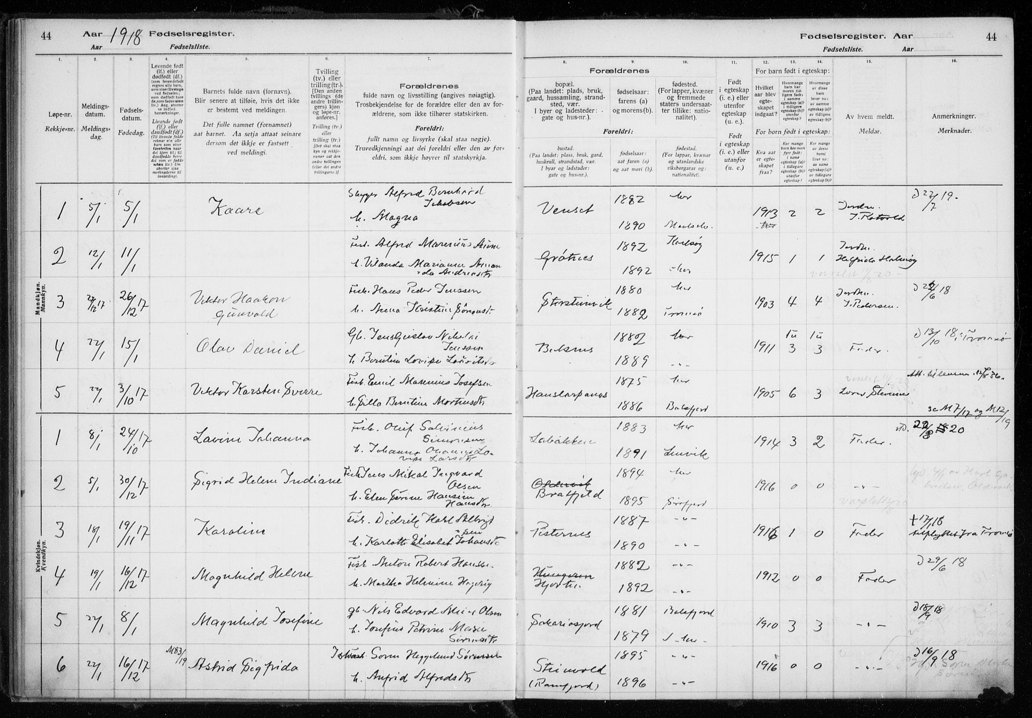 Tromsøysund sokneprestkontor, AV/SATØ-S-1304/H/Ha/L0079: Fødselsregister nr. 79, 1916-1924, s. 44