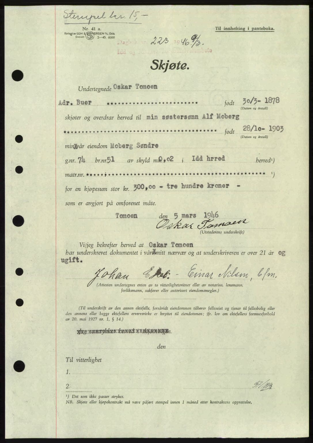 Idd og Marker sorenskriveri, AV/SAO-A-10283/G/Gb/Gbb/L0008: Pantebok nr. A8, 1946-1946, Dagboknr: 223/1946