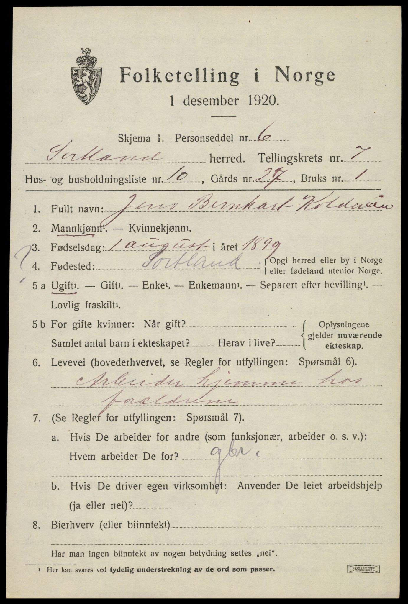 SAT, Folketelling 1920 for 1870 Sortland herred, 1920, s. 6650