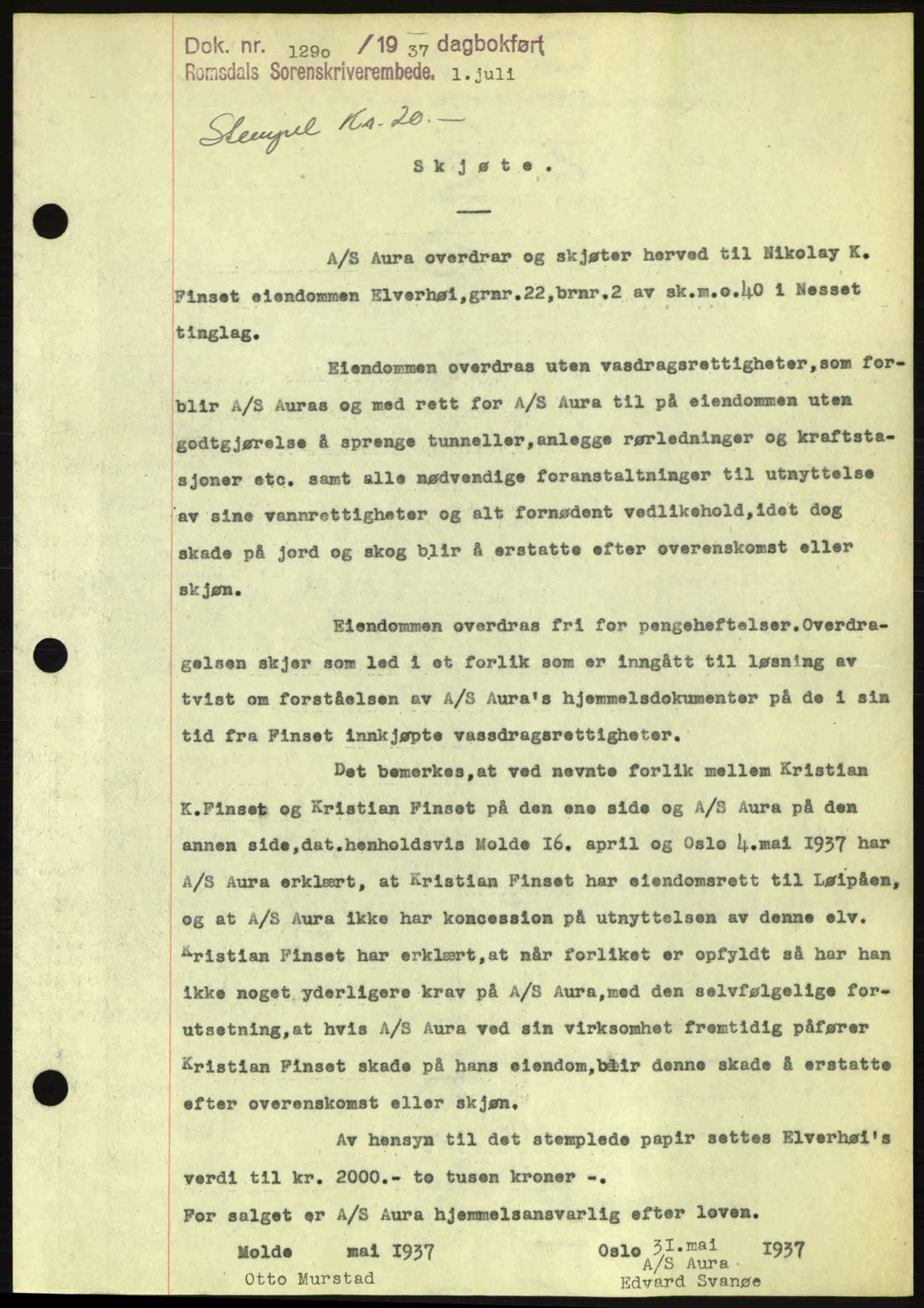 Romsdal sorenskriveri, SAT/A-4149/1/2/2C: Pantebok nr. A3, 1937-1937, Dagboknr: 1290/1937