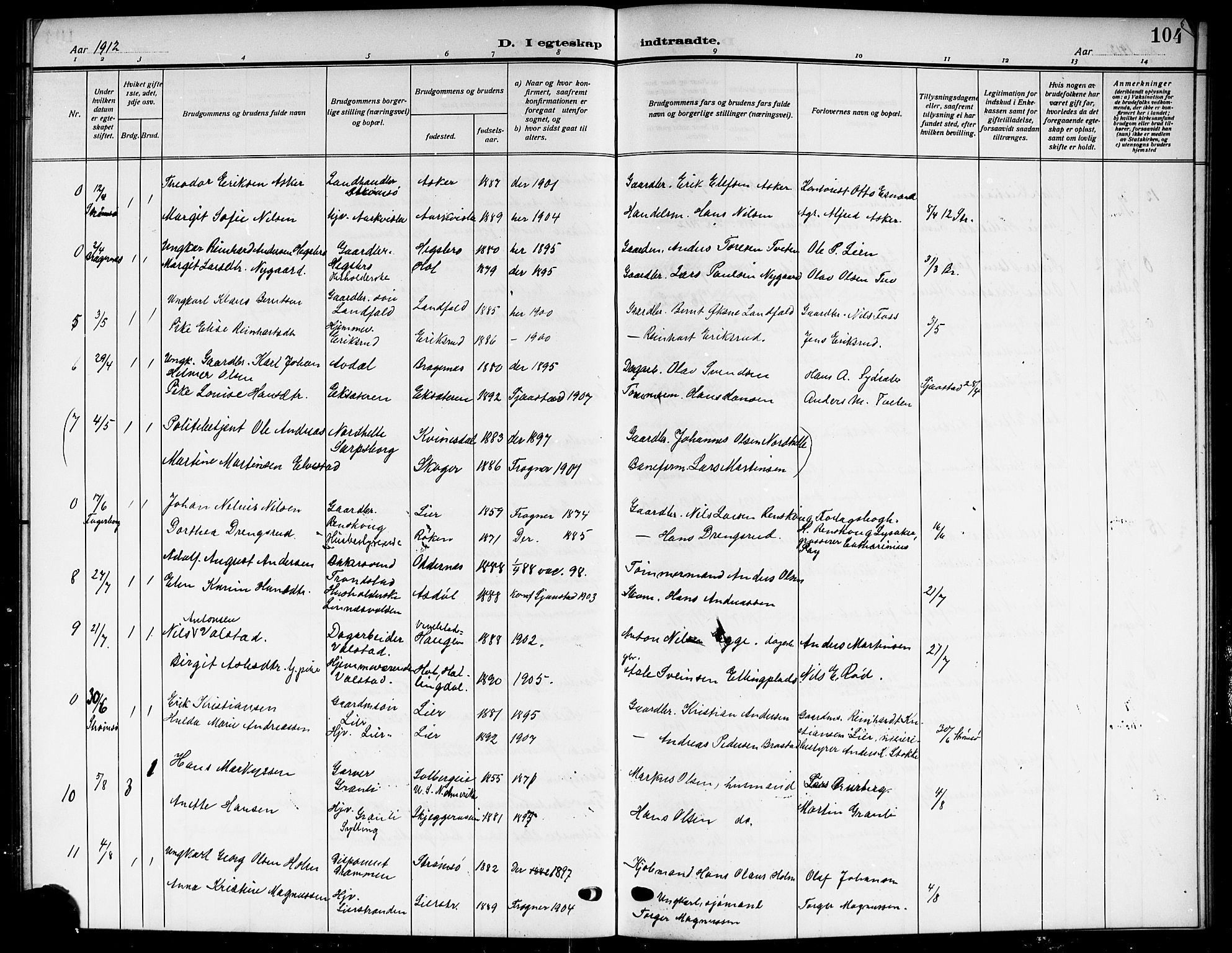 Lier kirkebøker, AV/SAKO-A-230/G/Gb/L0003: Klokkerbok nr. II 3, 1911-1919, s. 104