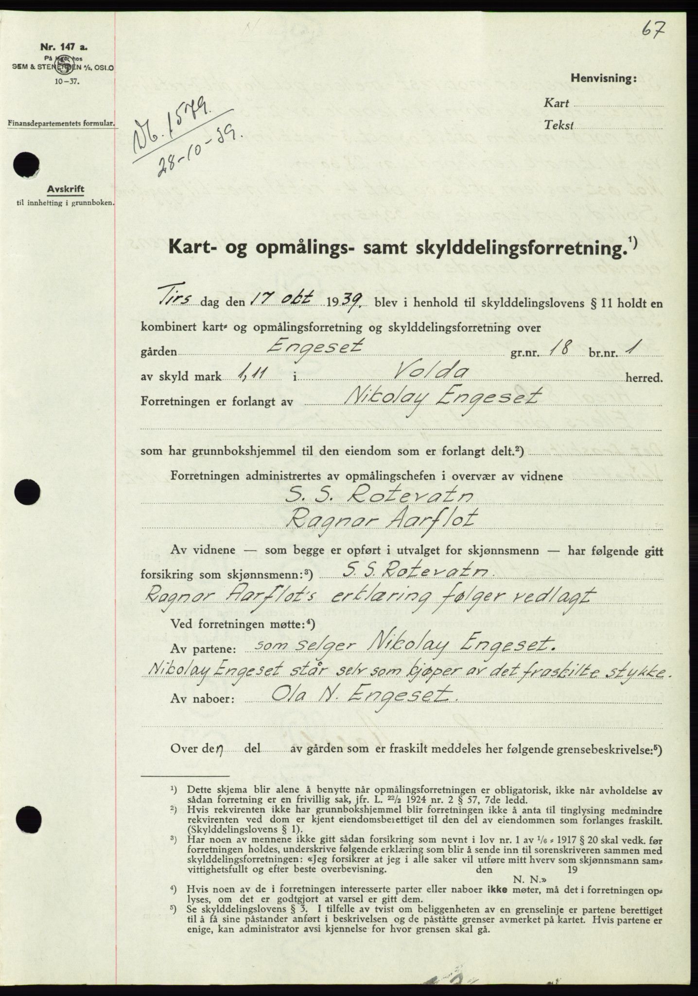 Søre Sunnmøre sorenskriveri, SAT/A-4122/1/2/2C/L0069: Pantebok nr. 63, 1939-1940, Dagboknr: 1579/1939