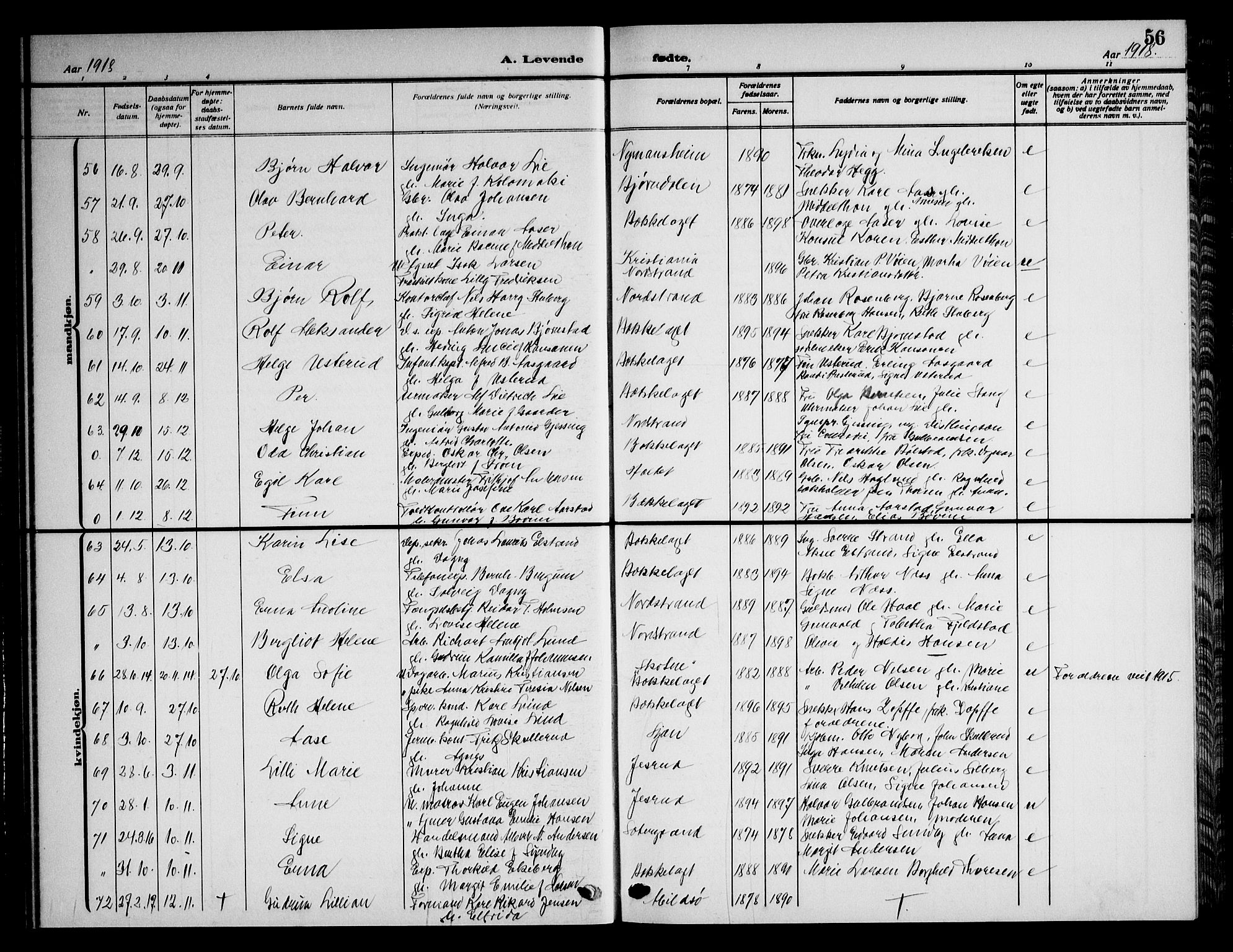 Nordstrand prestekontor Kirkebøker, AV/SAO-A-10362a/G/Ga/L0001: Klokkerbok nr. I 1, 1911-1918, s. 56