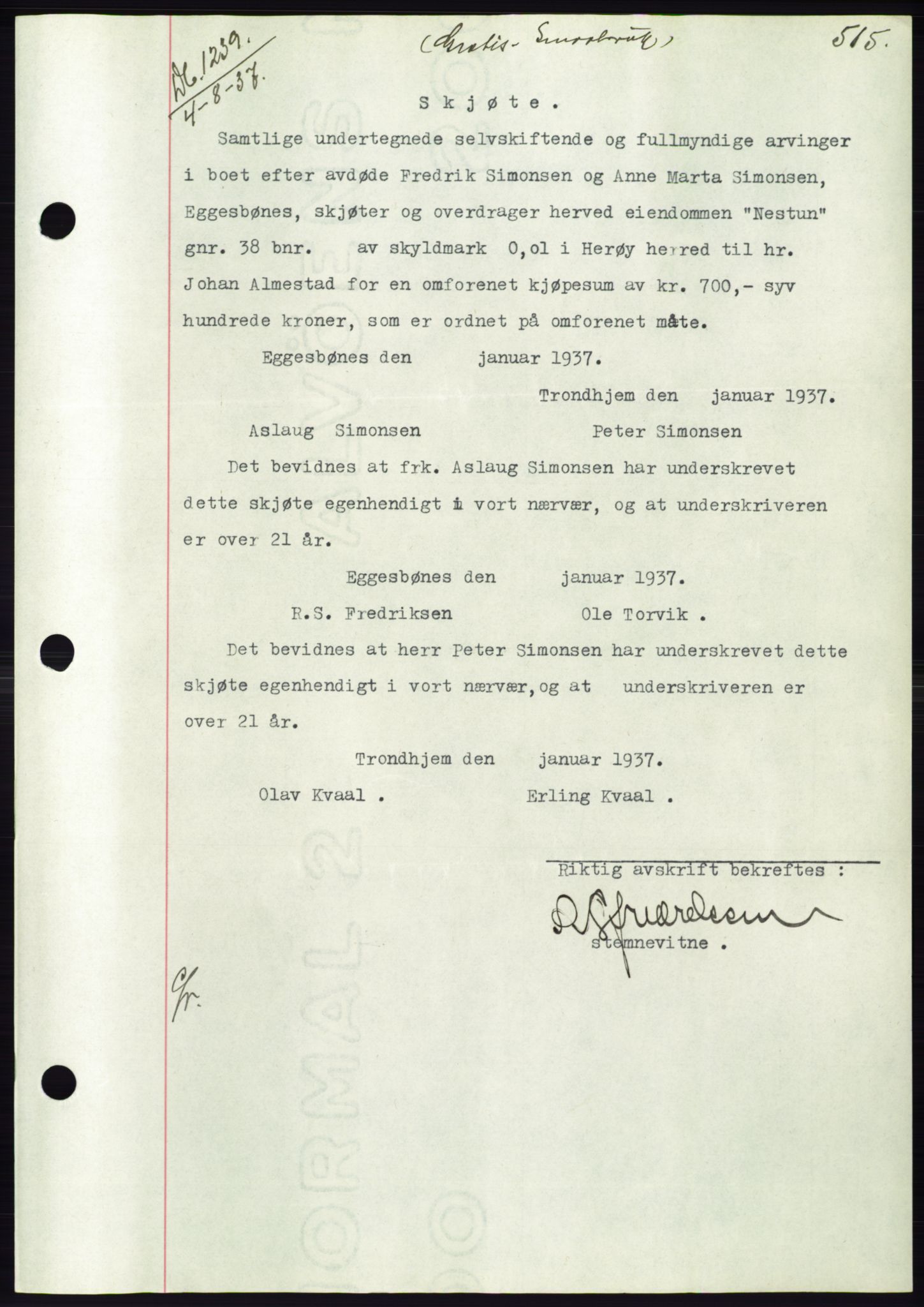 Søre Sunnmøre sorenskriveri, AV/SAT-A-4122/1/2/2C/L0063: Pantebok nr. 57, 1937-1937, Dagboknr: 1239/1937