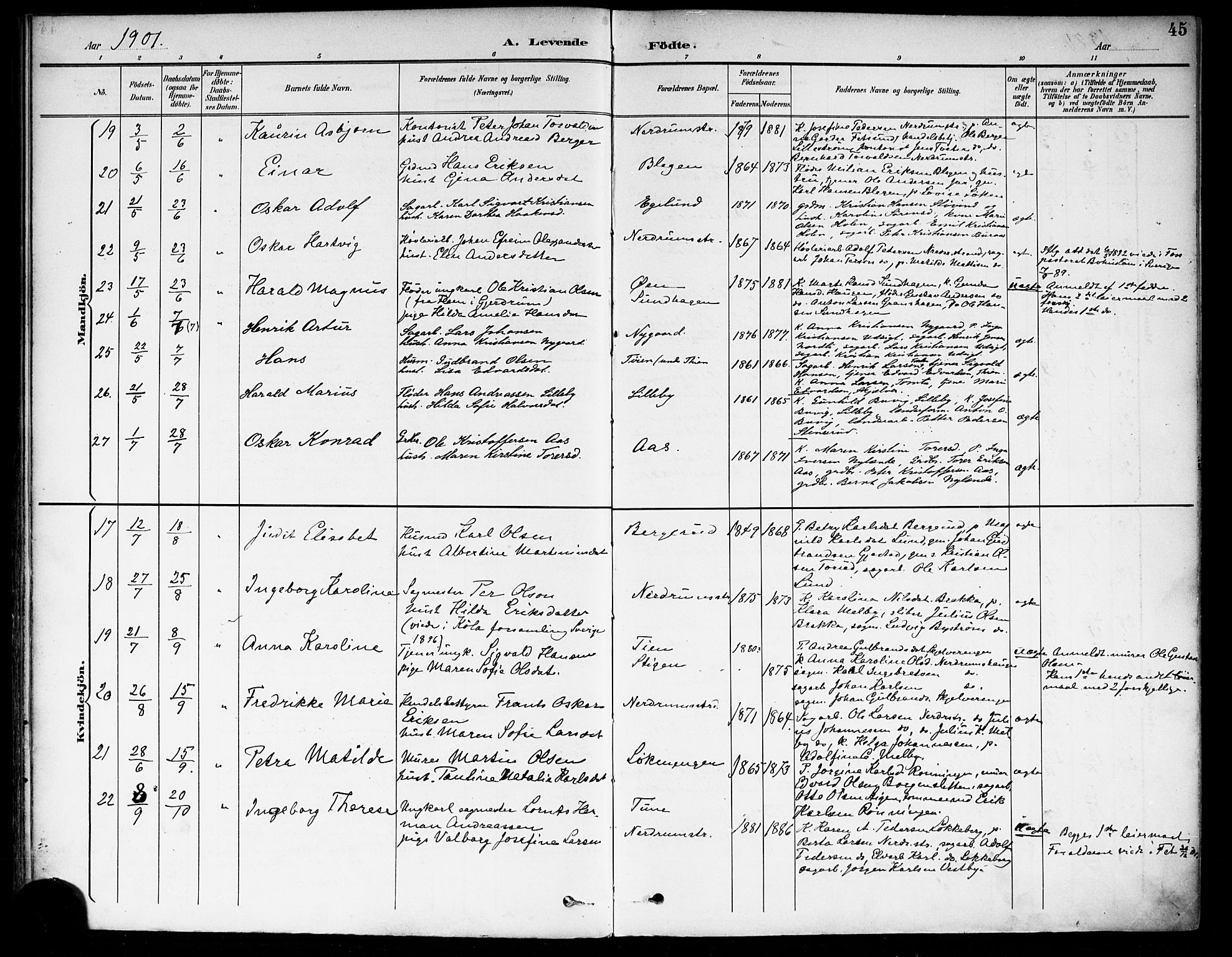 Fet prestekontor Kirkebøker, AV/SAO-A-10370a/F/Fa/L0015: Ministerialbok nr. I 15, 1892-1904, s. 45