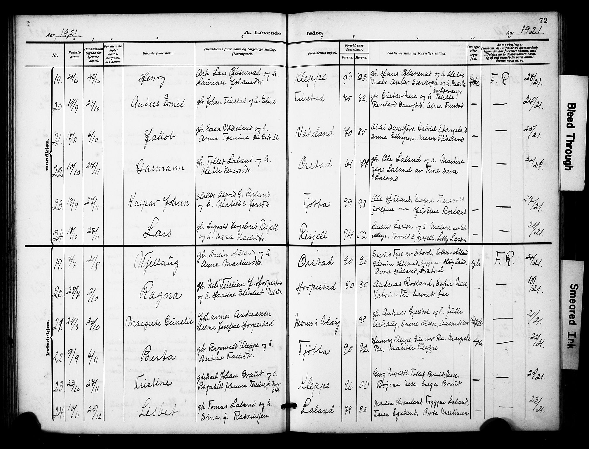 Klepp sokneprestkontor, AV/SAST-A-101803/001/3/30BB/L0007: Klokkerbok nr. B 7, 1908-1934, s. 72