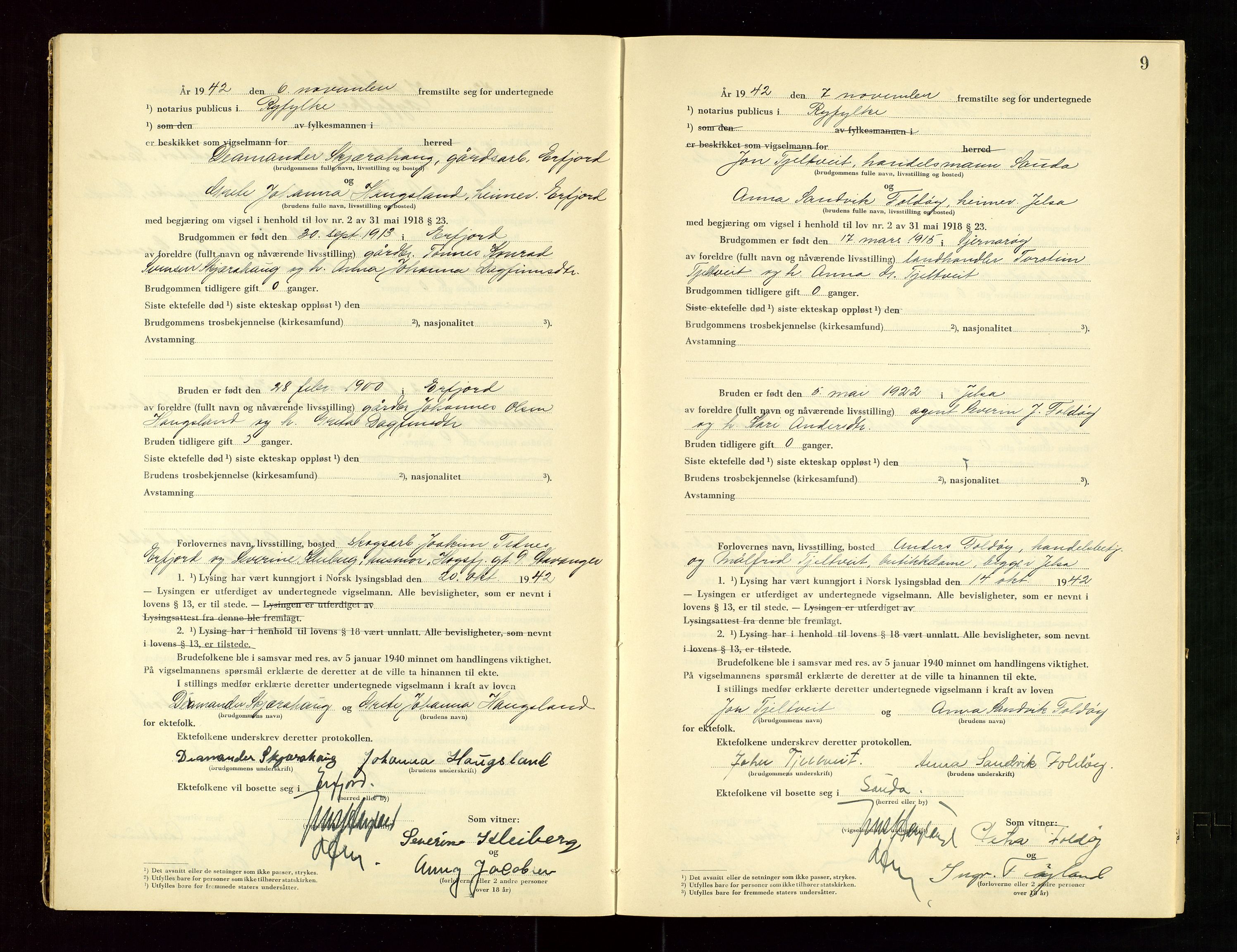 Ryfylke tingrett, AV/SAST-A-100055/001/III/IIIC/L0002: Vigselbok, 1942-1943, s. 9