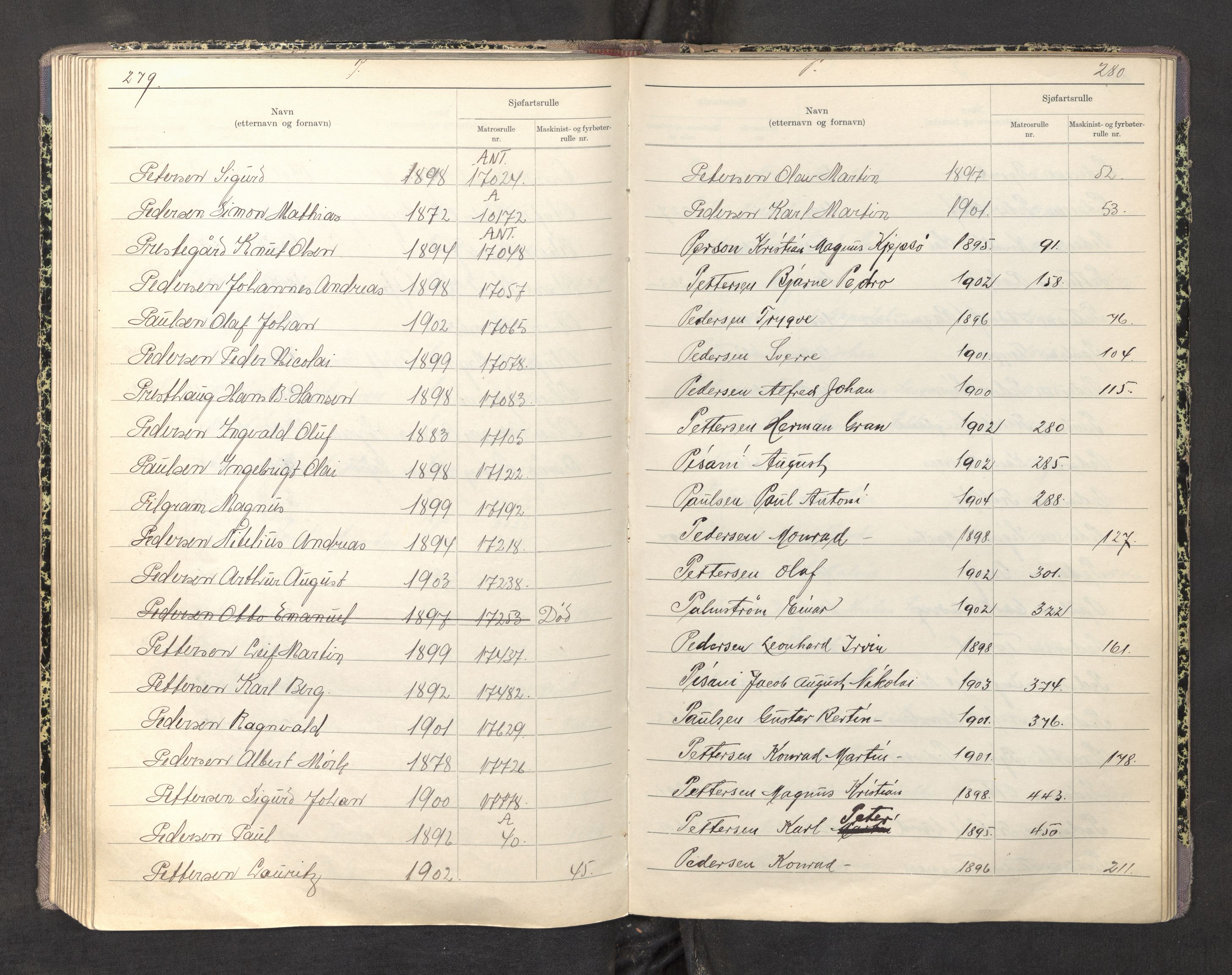 Innrulleringssjefen i Bergen, SAB/A-100050/F/Fa/L0004: Register til sjøfartsrulle, Mønstringssjefen i Bergen, 1919-1948, s. 279-280