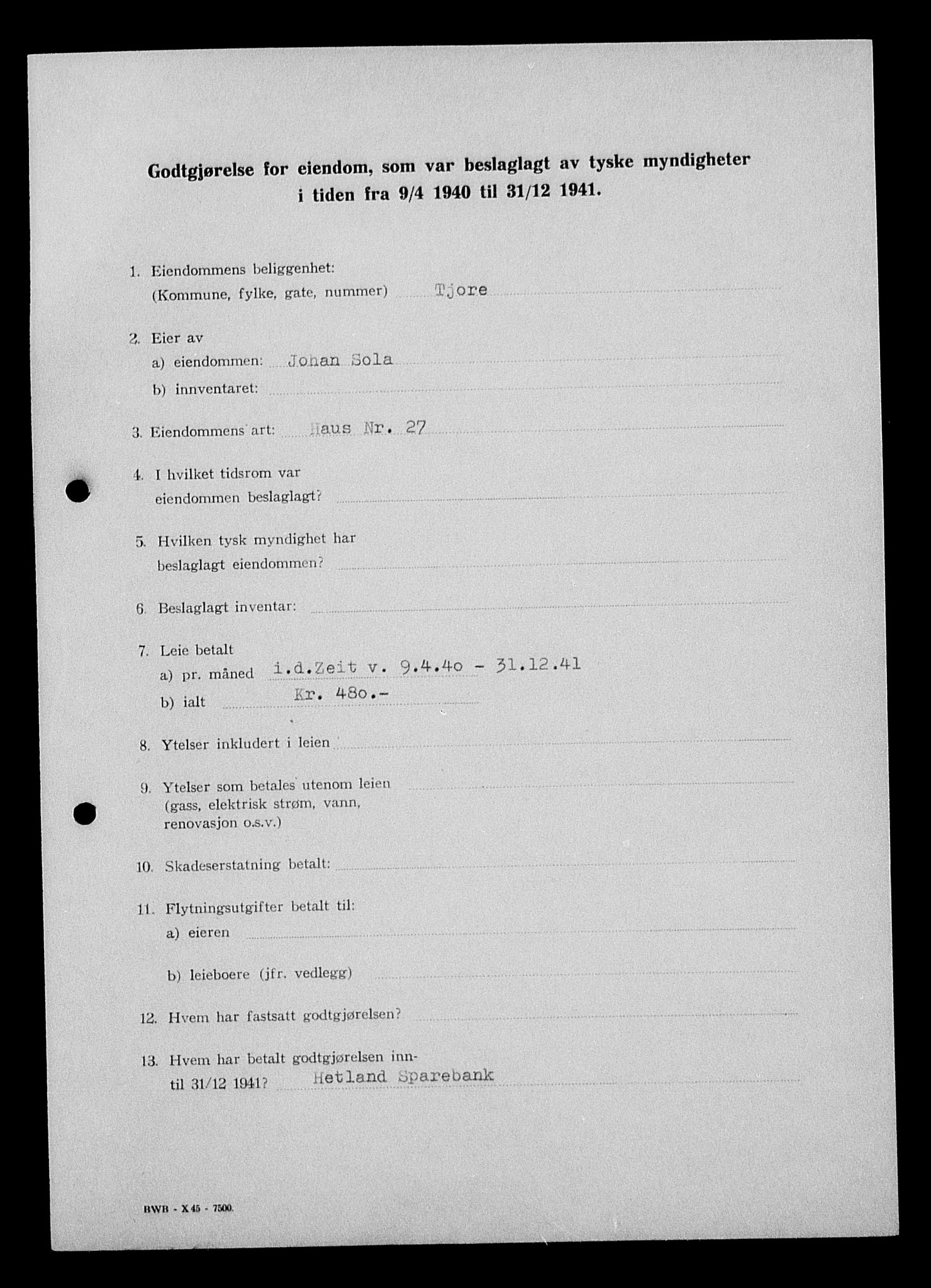 Justisdepartementet, Tilbakeføringskontoret for inndratte formuer, AV/RA-S-1564/I/L1015: Godtgjørelse for beslaglagt eiendom, 1940-1941, s. 228