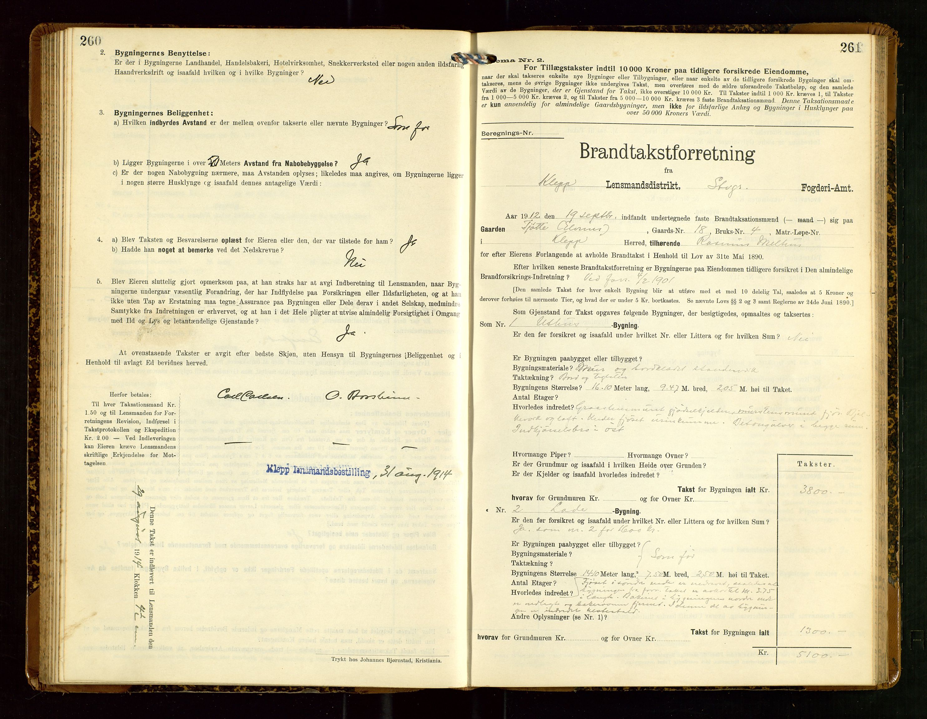 Klepp lensmannskontor, AV/SAST-A-100163/Goc/L0007: "Brandtaxationsprotokol" m/register, 1911-1915, s. 260-261