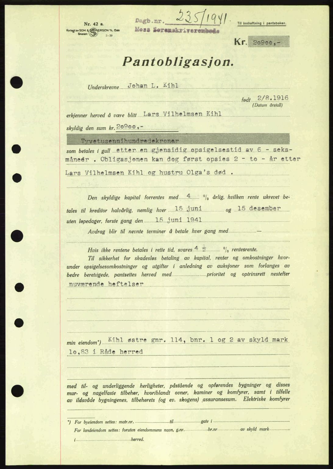 Moss sorenskriveri, SAO/A-10168: Pantebok nr. B10, 1940-1941, Dagboknr: 235/1941