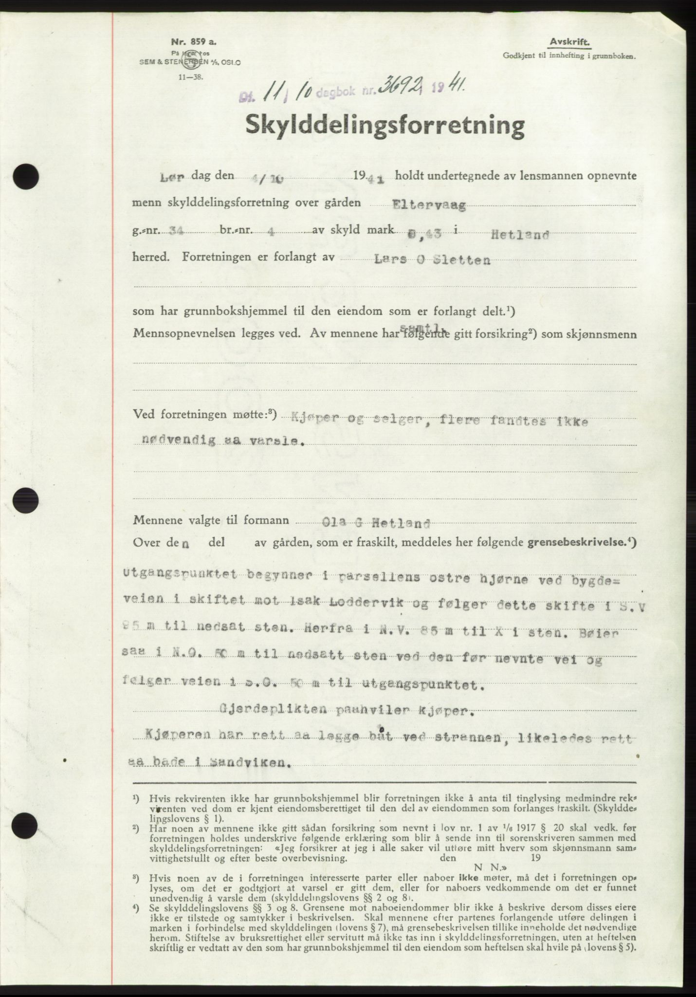 Jæren sorenskriveri, SAST/A-100310/03/G/Gba/L0081: Pantebok, 1941-1941, Dagboknr: 3692/1941