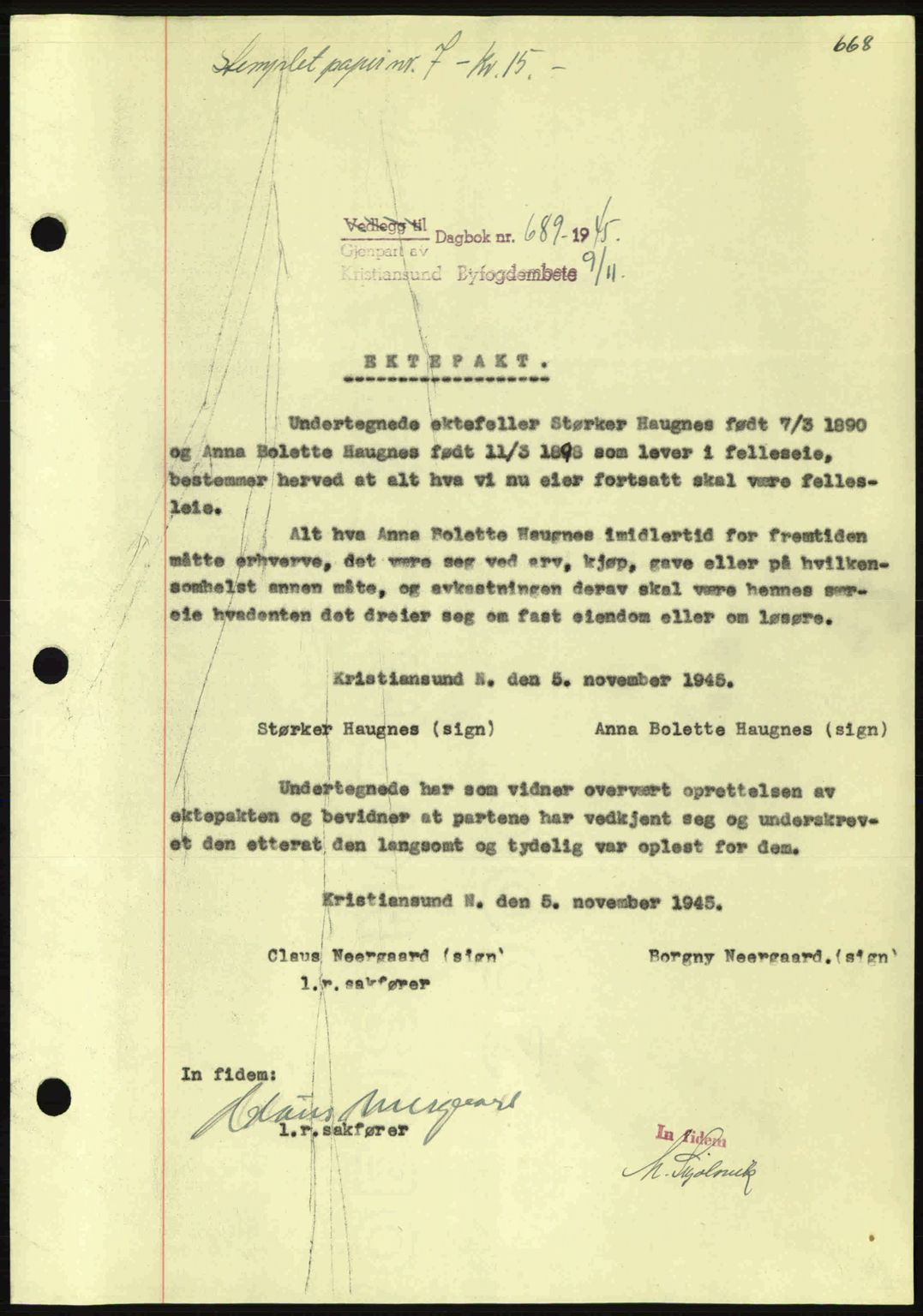 Kristiansund byfogd, AV/SAT-A-4587/A/27: Pantebok nr. 37-38, 1943-1945, Dagboknr: 689/1945