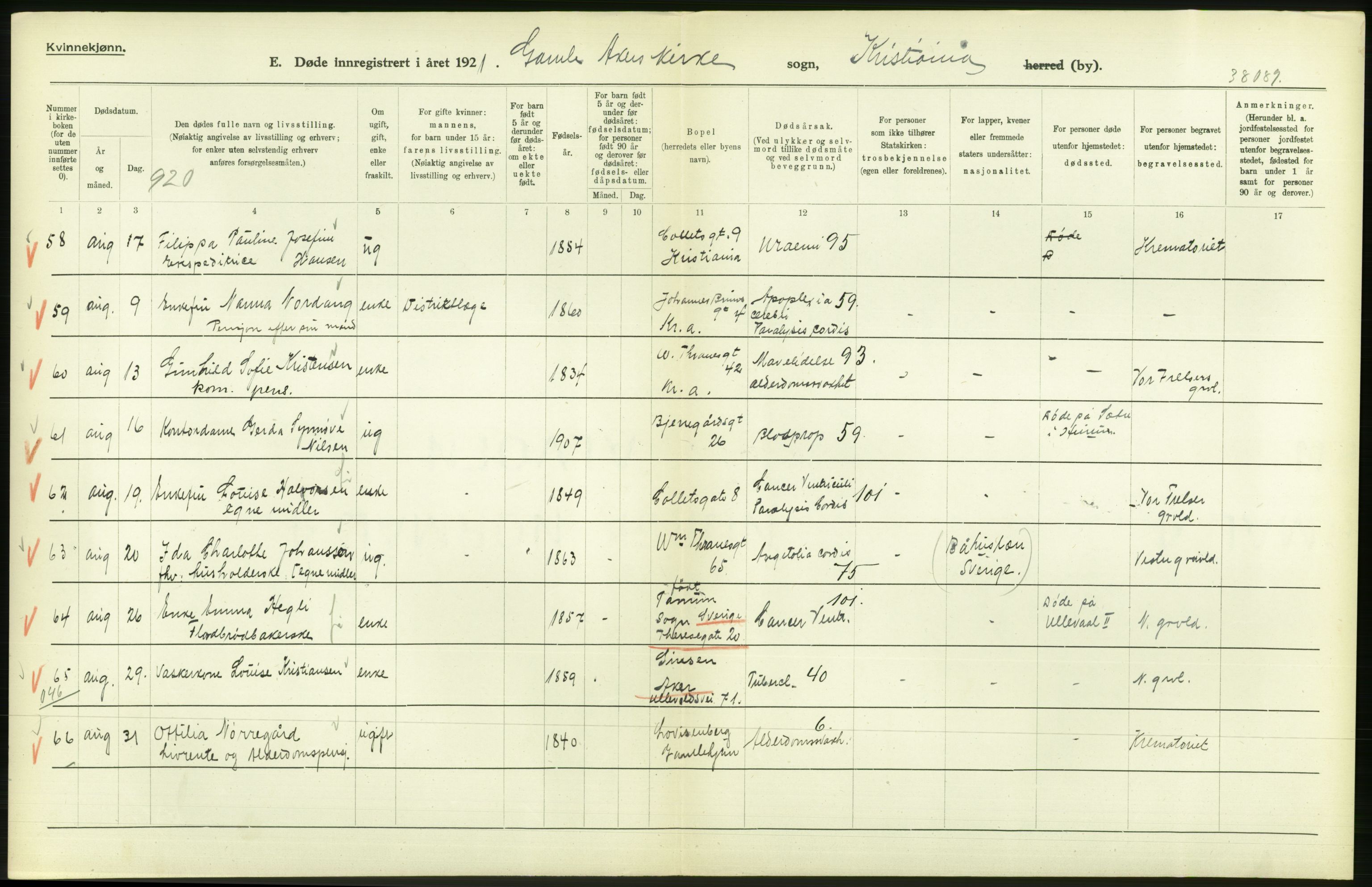 Statistisk sentralbyrå, Sosiodemografiske emner, Befolkning, AV/RA-S-2228/D/Df/Dfc/Dfca/L0012: Kristiania: Døde, 1921, s. 48