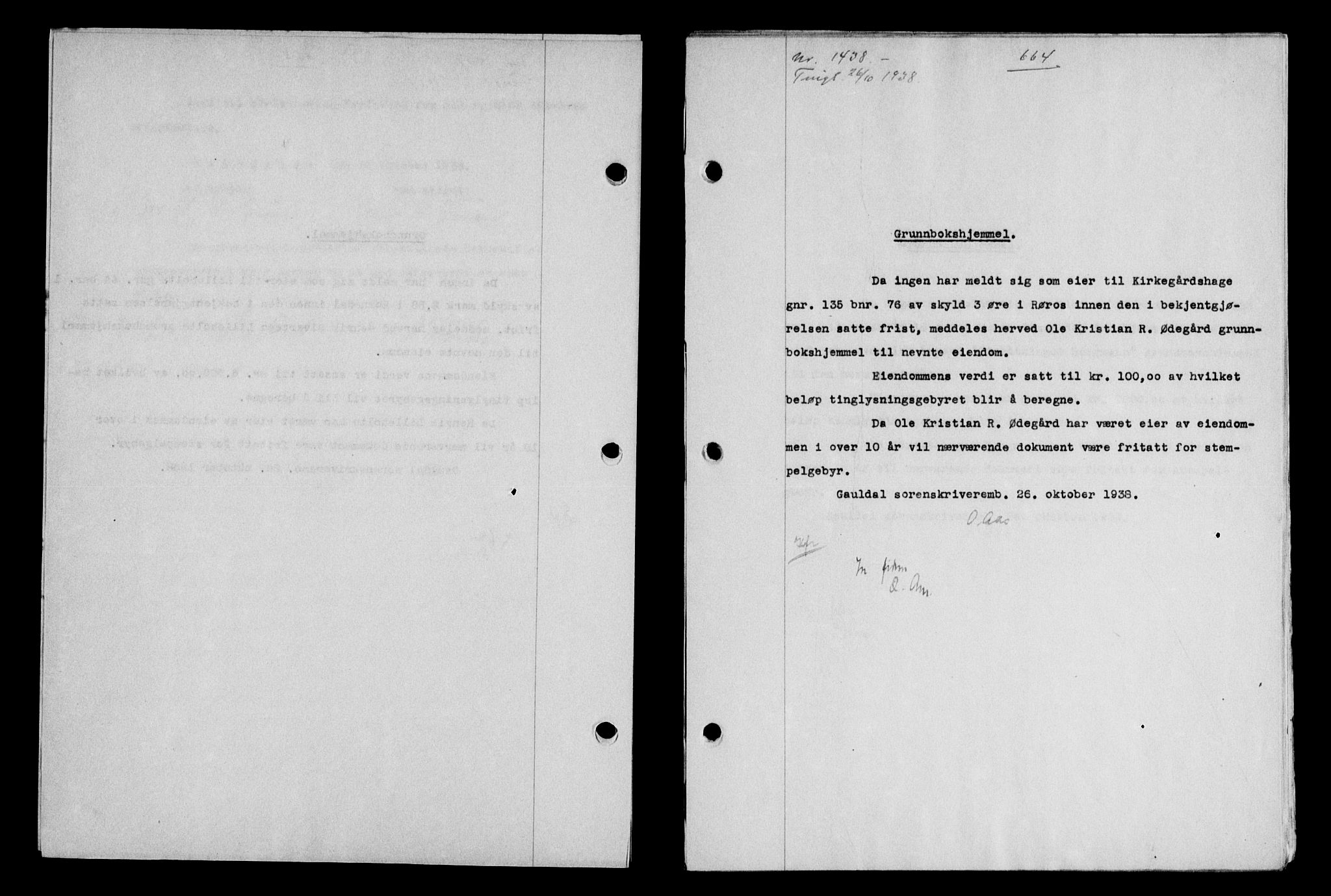 Gauldal sorenskriveri, SAT/A-0014/1/2/2C/L0049: Pantebok nr. 53, 1938-1938, Dagboknr: 1438/1938