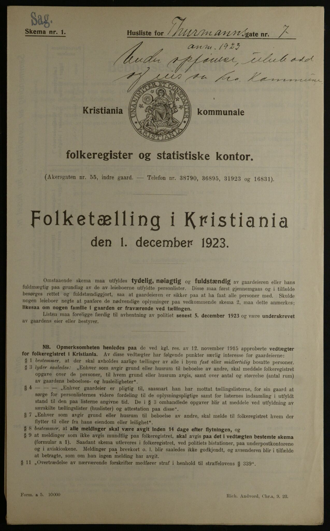 OBA, Kommunal folketelling 1.12.1923 for Kristiania, 1923, s. 123004