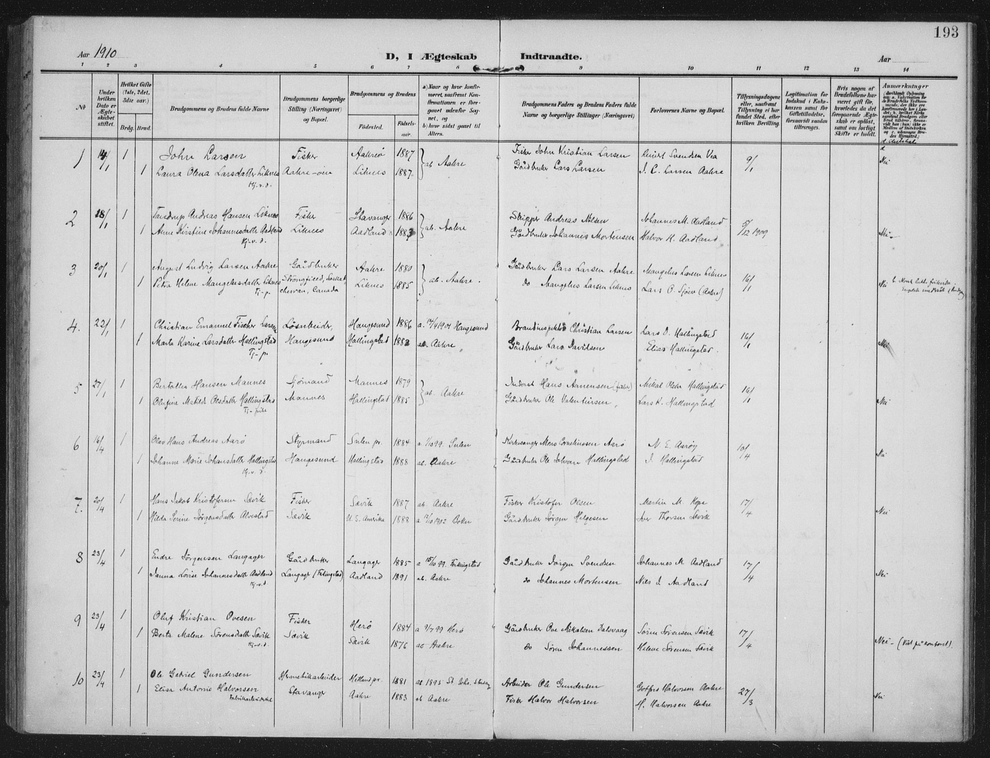 Kopervik sokneprestkontor, SAST/A-101850/H/Ha/Haa/L0005: Ministerialbok nr. A 5, 1906-1924, s. 193