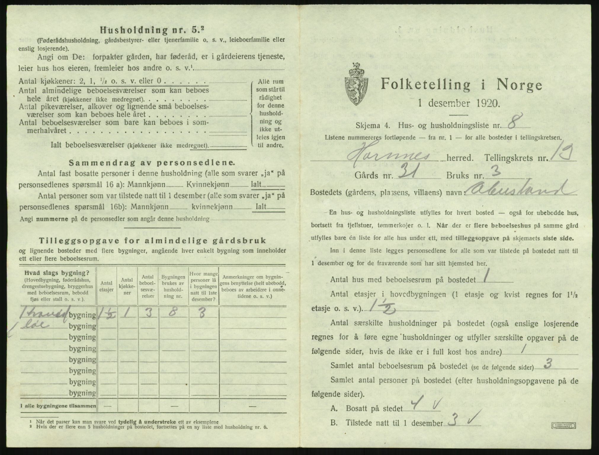 SAK, Folketelling 1920 for 0936 Hornnes herred, 1920, s. 519