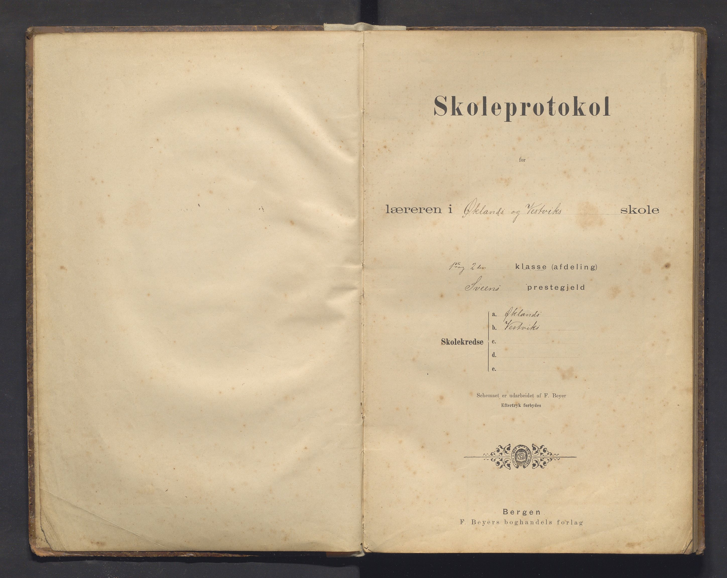 Valestrand kommune. Barneskulane, IKAH/1217-231/F/Fa/L0003: Skuleprotokoll for 1. og 2. klasse ved Økland, Eikeland, Fagerland og Vestvik krinsar i Sveen prestegjeld, 1897-1927