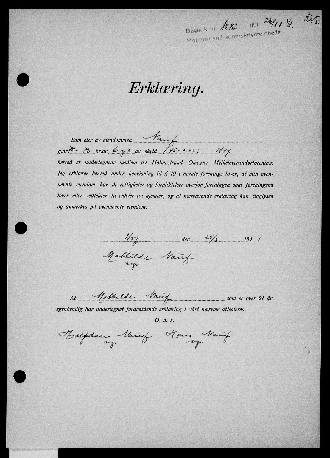 Holmestrand sorenskriveri, SAKO/A-67/G/Ga/Gaa/L0054: Pantebok nr. A-54, 1941-1942, Dagboknr: 1882/1941