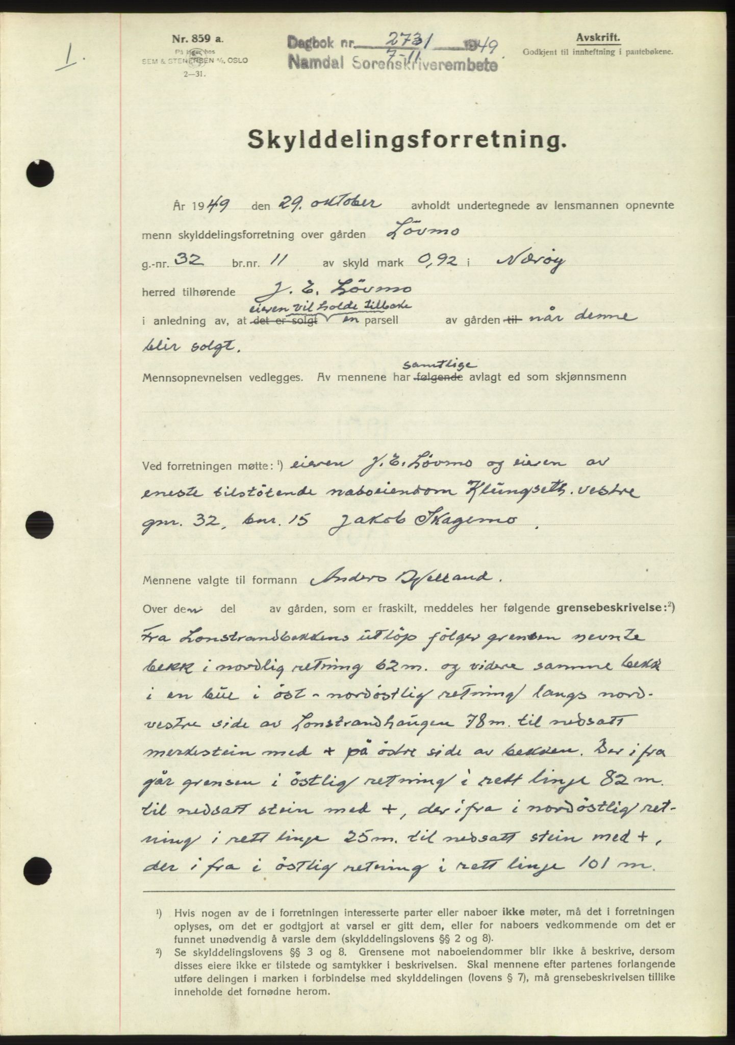 Namdal sorenskriveri, SAT/A-4133/1/2/2C: Pantebok nr. -, 1949-1949, Dagboknr: 2731/1949