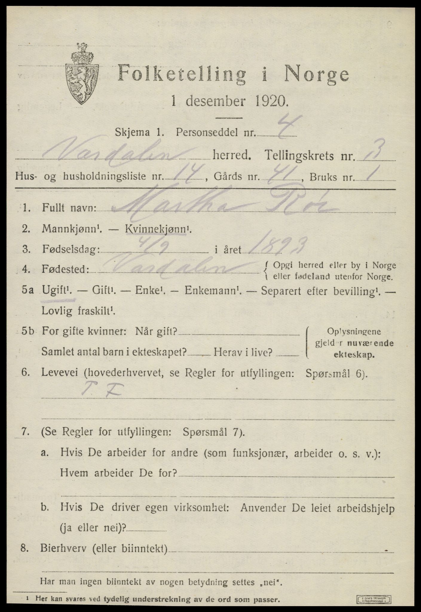 SAT, Folketelling 1920 for 1721 Verdal herred, 1920, s. 6847