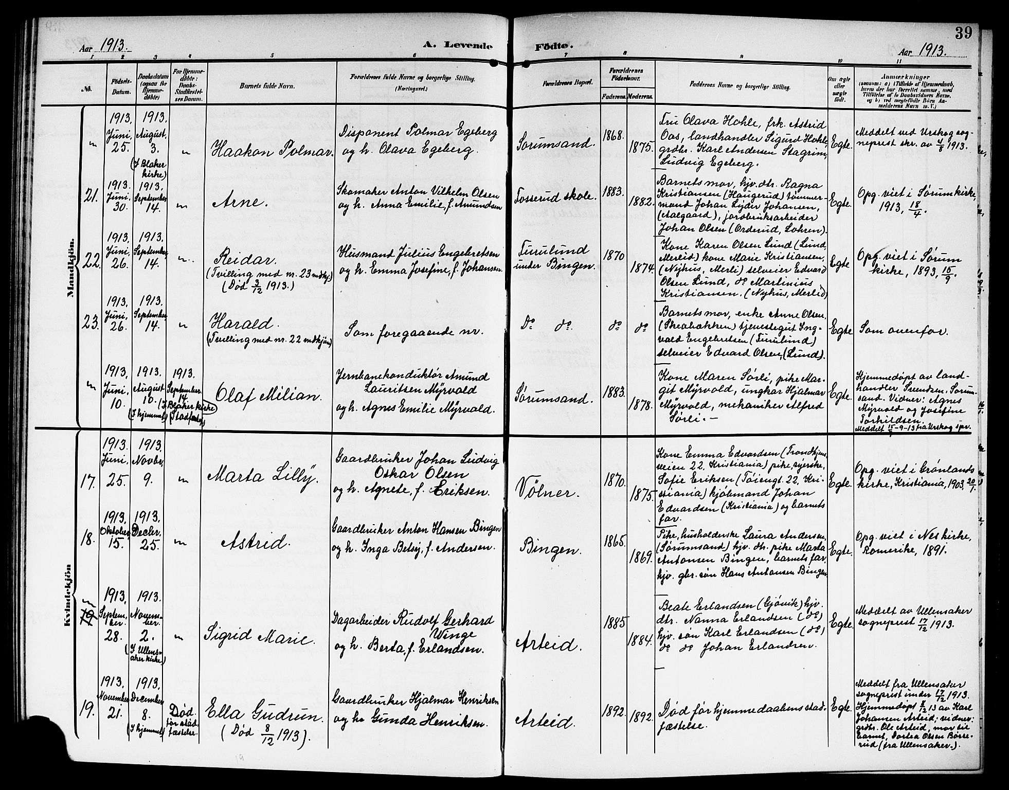 Sørum prestekontor Kirkebøker, AV/SAO-A-10303/G/Ga/L0007: Klokkerbok nr. I 7, 1907-1917, s. 39