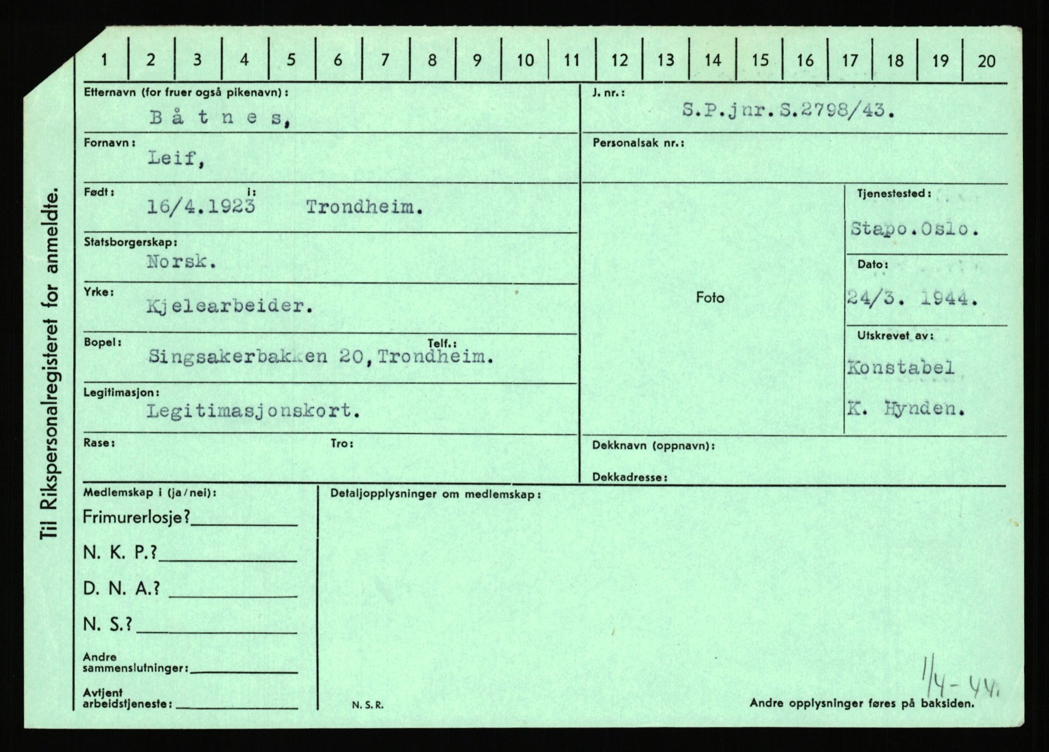 Statspolitiet - Hovedkontoret / Osloavdelingen, AV/RA-S-1329/C/Ca/L0002: Arneberg - Brand, 1943-1945, s. 913