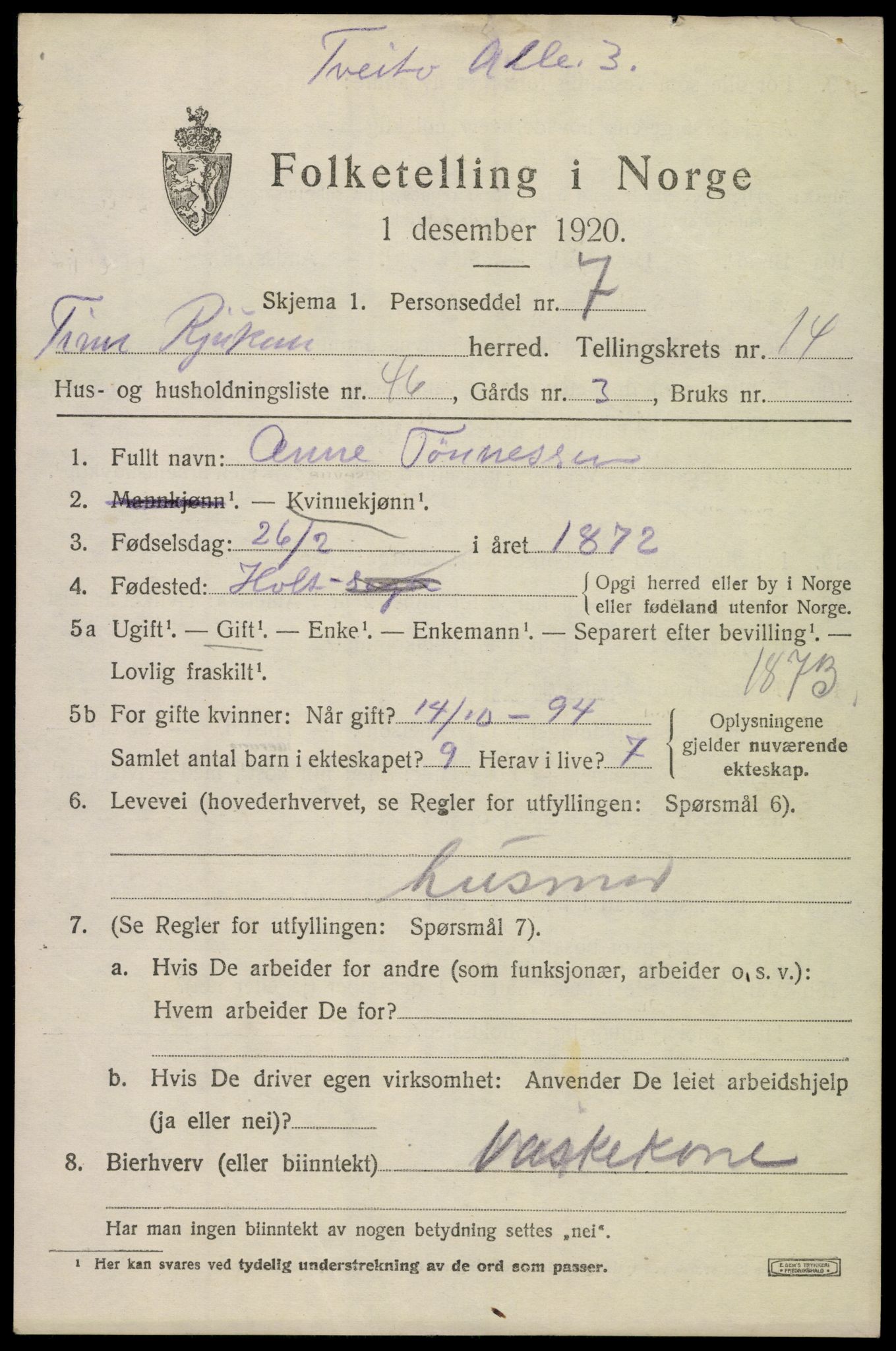 SAKO, Folketelling 1920 for 0826 Tinn herred, 1920, s. 10030