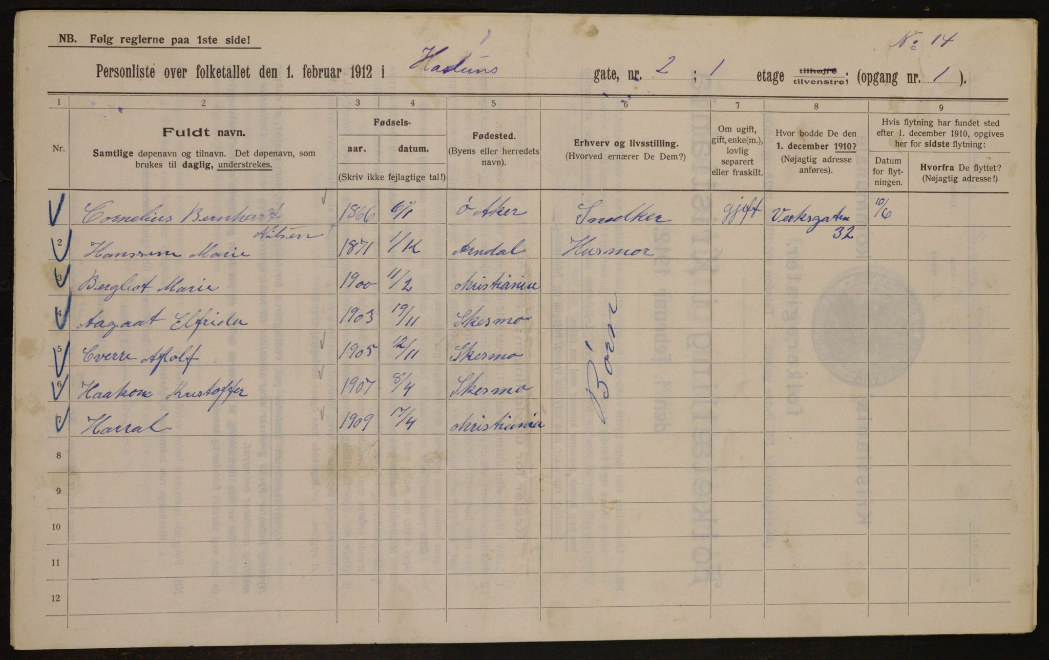 OBA, Kommunal folketelling 1.2.1912 for Kristiania, 1912, s. 35256